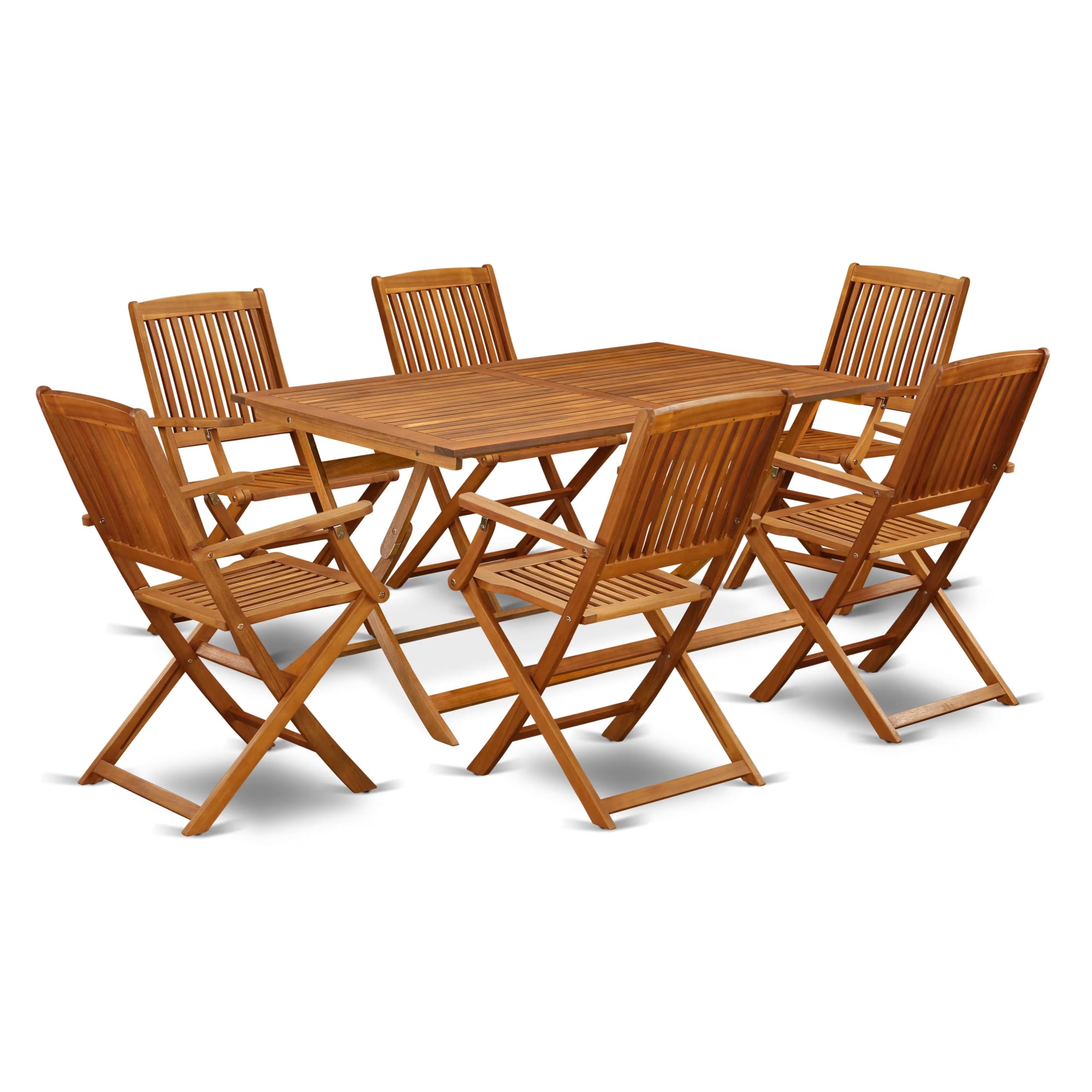 AECM7CANA - 7 Piece Superior Bistro Table Set - Attractive Outdoor Patio Table with 6 Folding Patio ArmChairs- Natural Oil Finish