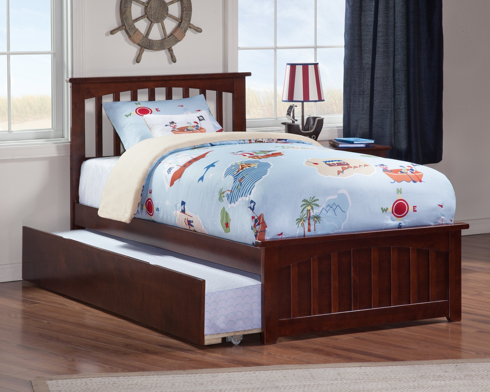 Mission Twin Platform Bed with Matching Foot Board with Twin Size Urban Trundle Bed in Walnut