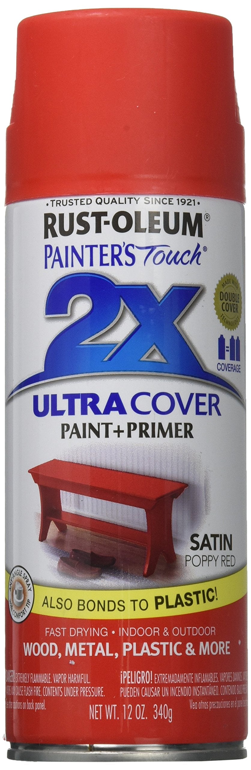 Rust-Oleum 277994 Painter'S Touch 2X Ultra Cover, 12 Ounce (Pack Of 1), Satin Poppy Red