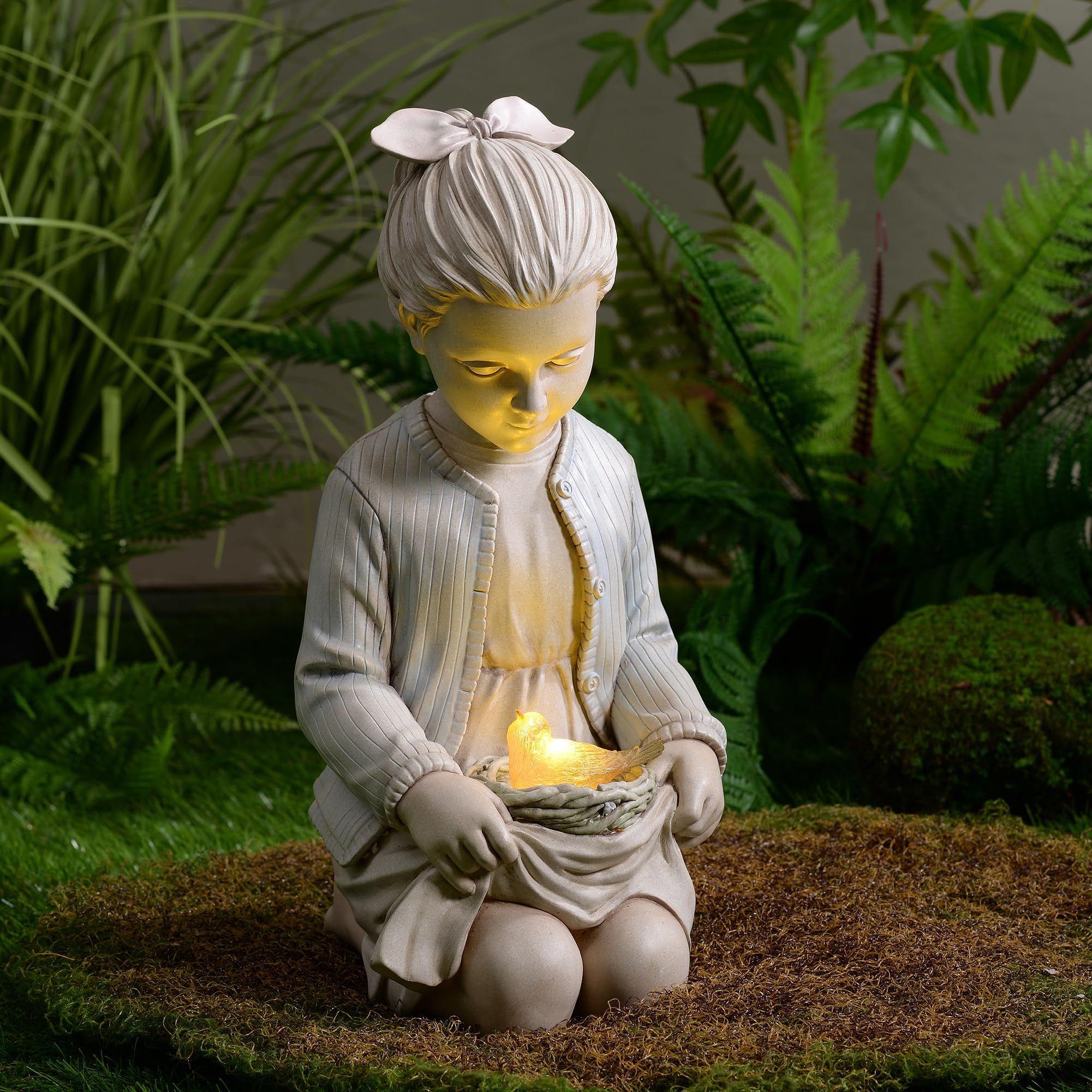 Hi-Line Gift Ltd 77184-C Sitting Girl W/ Bird Nest Lighted Garden Statue Solar Powered LEDs