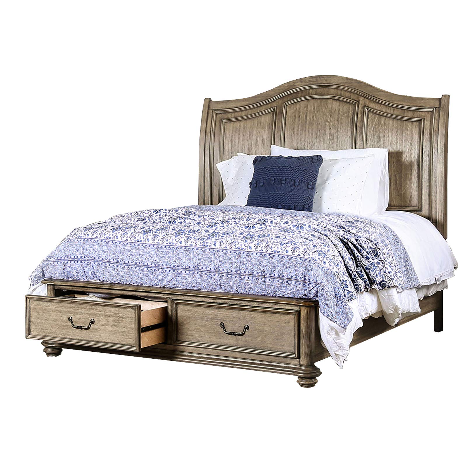 Queen Size Wooden Bed with 2 Drawers and Panel Headboard, Natural Brown