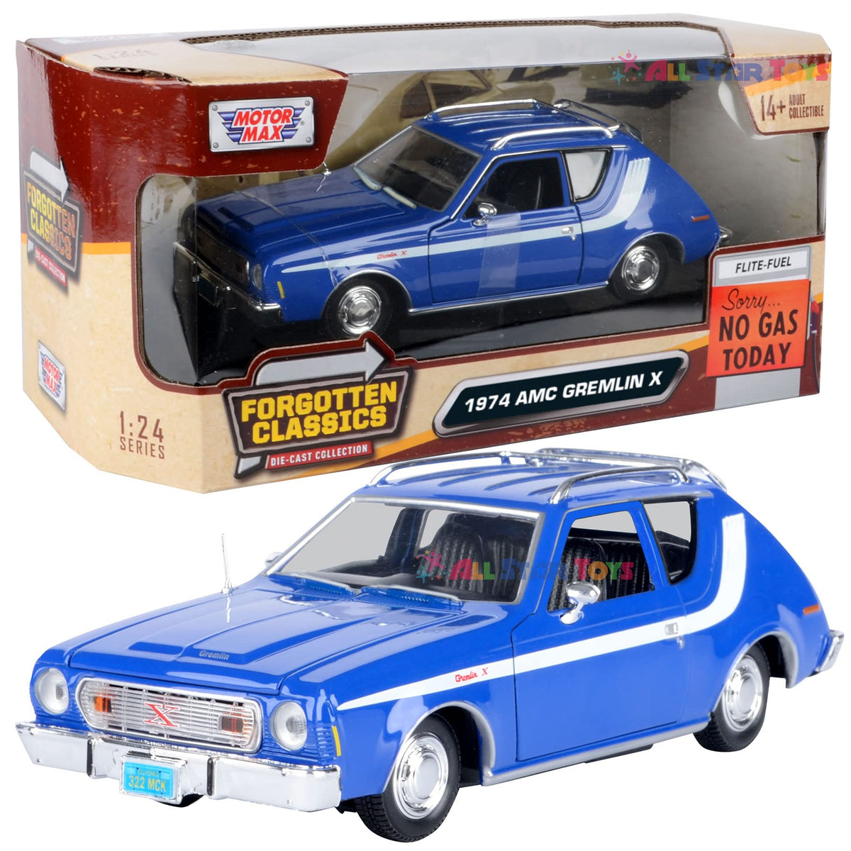 Motormax 1974 Amc Gremlin X 1:24 Scale Diecast Model Forgotten Classics Series 79045 Blue