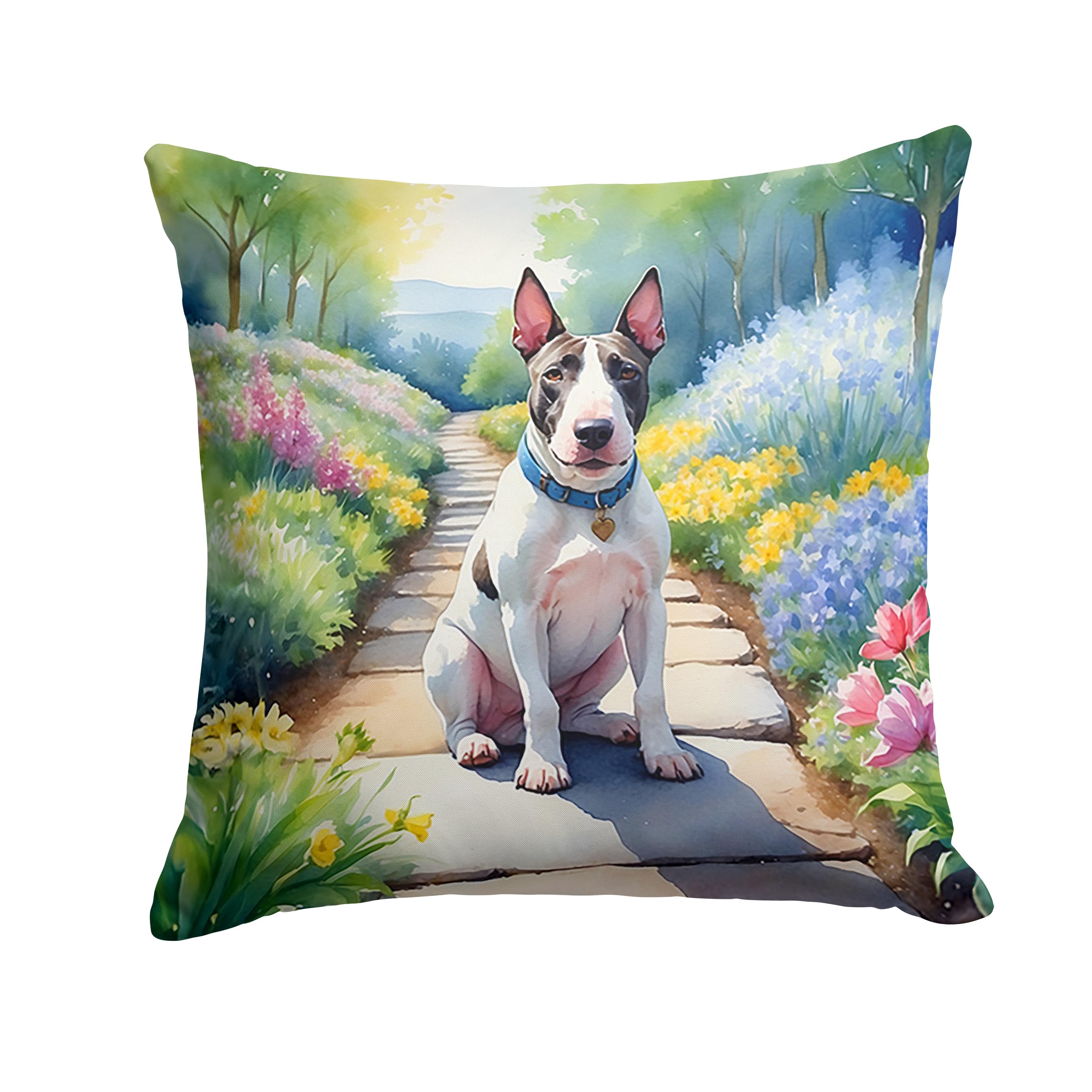 Carolines Treasures Bull Terrier Spring Path Throw Pillow Machine Washable, Indoor Outdoor Decorative Pillow for Couch, Bed or Patio, 18Hx18W