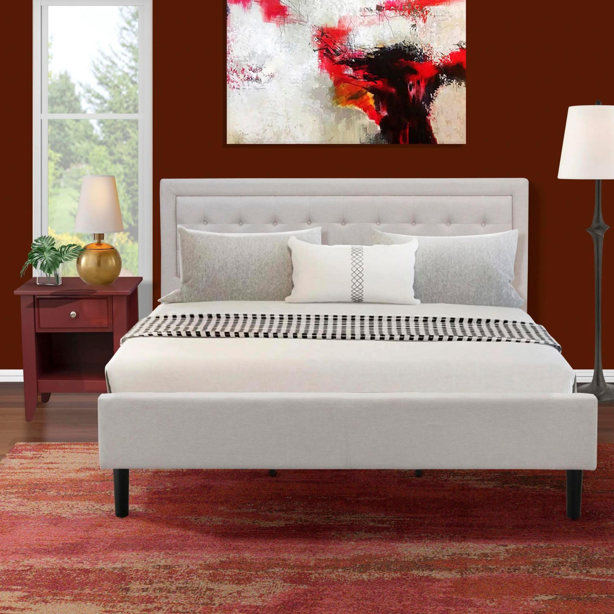 FN08K-1GA13 2-Piece Fannin Bed Set with 1 King Size Bed Frame and a Burgundy Night Stand - Reliable and Durable Manufacturing - Mist Beige Linen Fabric Bed