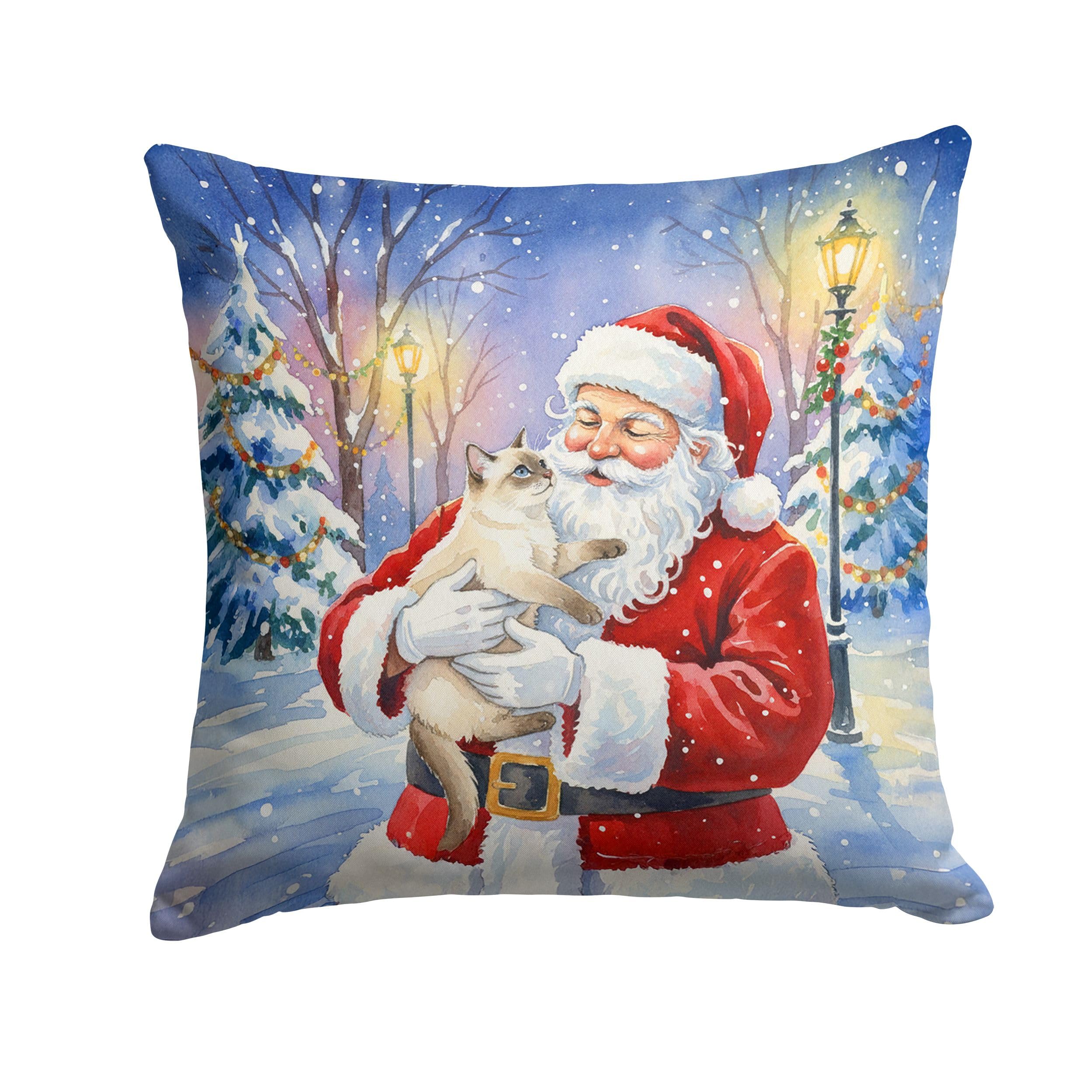 Carolines Treasures Cream Point Cat with Santa Claus Throw Pillow Decorative Indoor Outdoor Accent Cushion for Couch, Bed or Patio, 14Hx14W