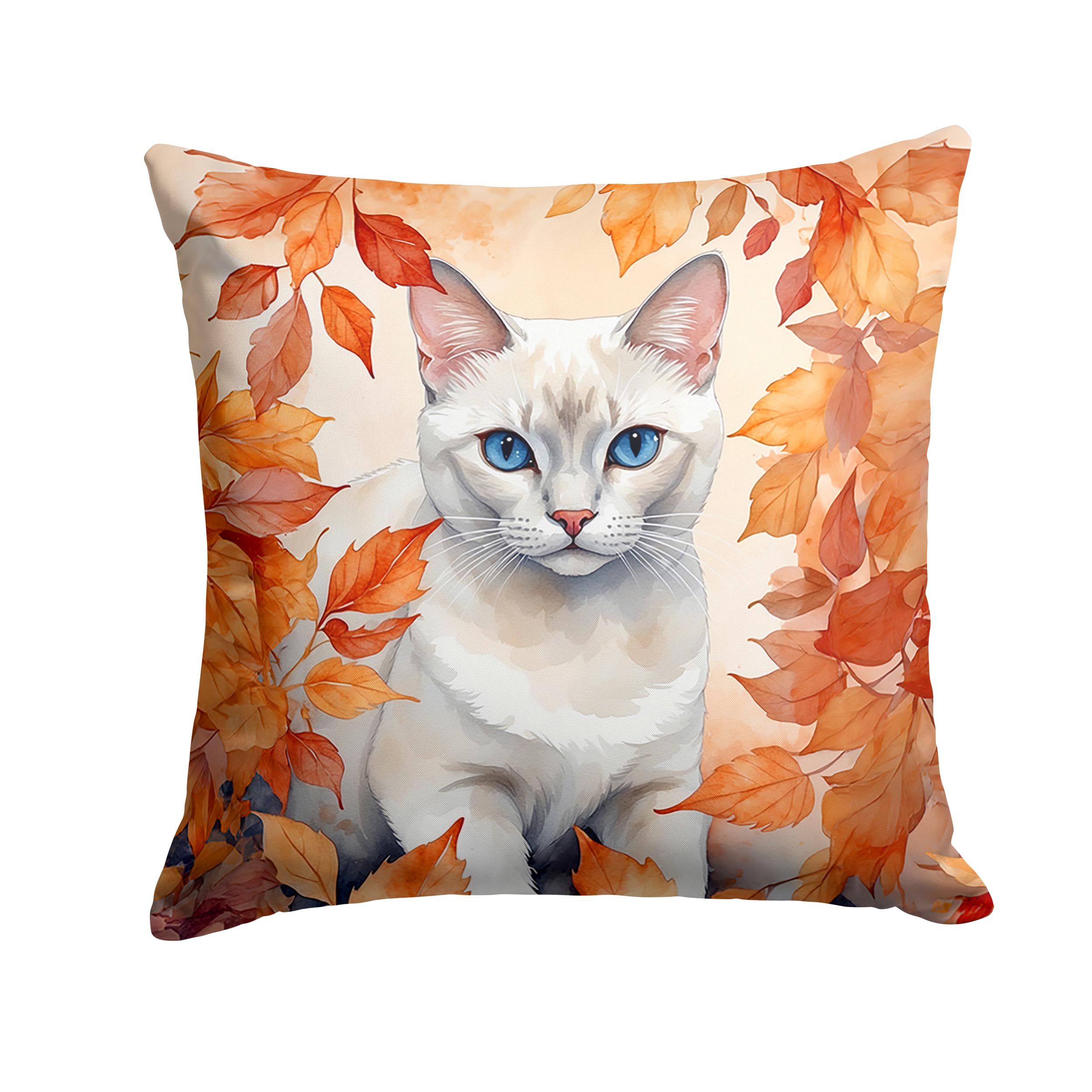 Carolines Treasures Foreign White Cat in Fall Leaves Throw Pillow Machine Washable, Indoor Outdoor Decorative Pillow for Couch, Bed or Patio, 18Hx18W