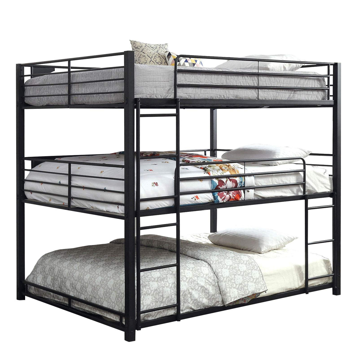 Industrial Style Queen Triple Decker Bunk Bed With Ladder
