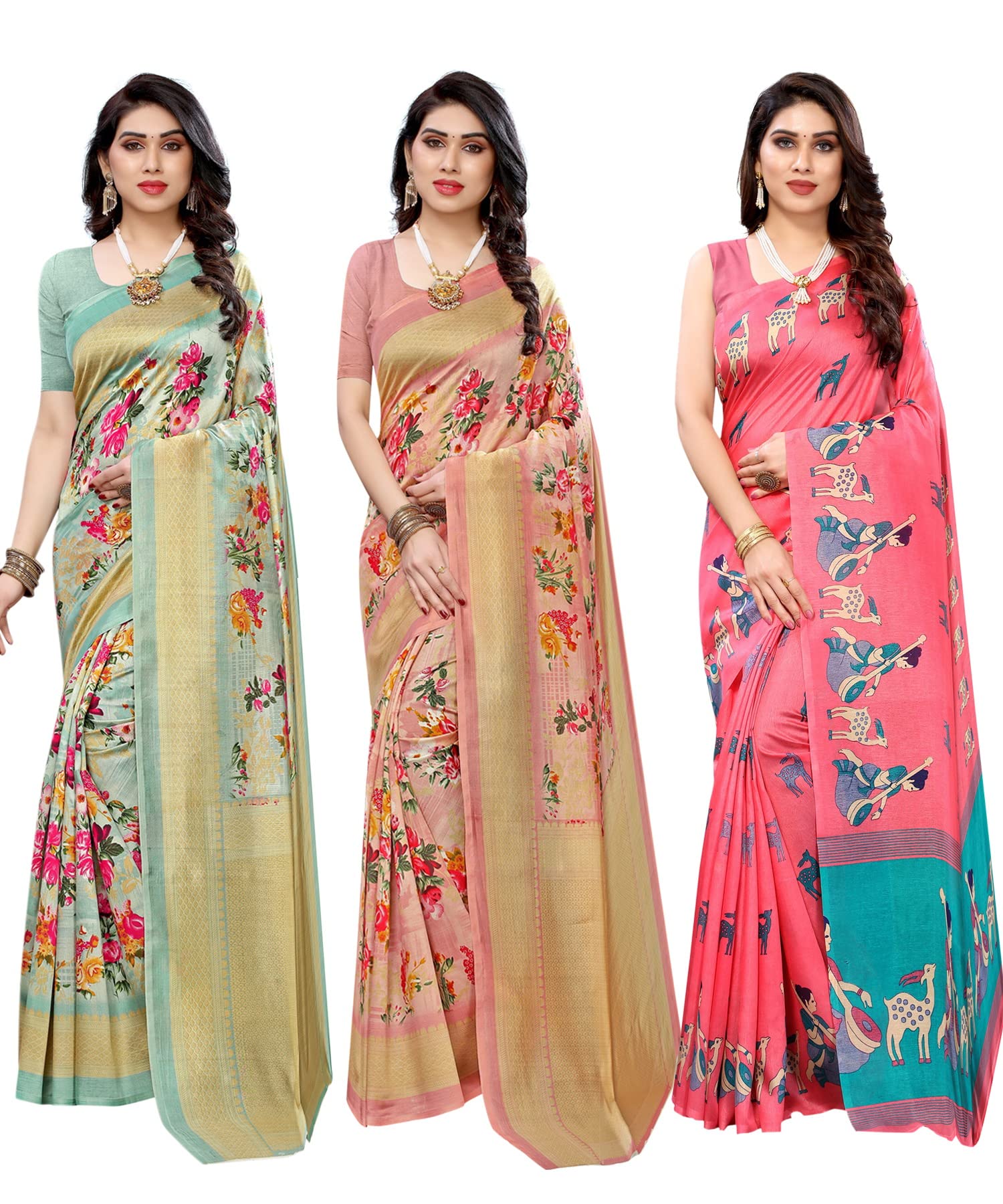Yashika Women's Combo Art Silk Saree with Blouse Piece-Pack of 3 Light Green-AIR Peach-MAITHALI Pink Multicolor-02