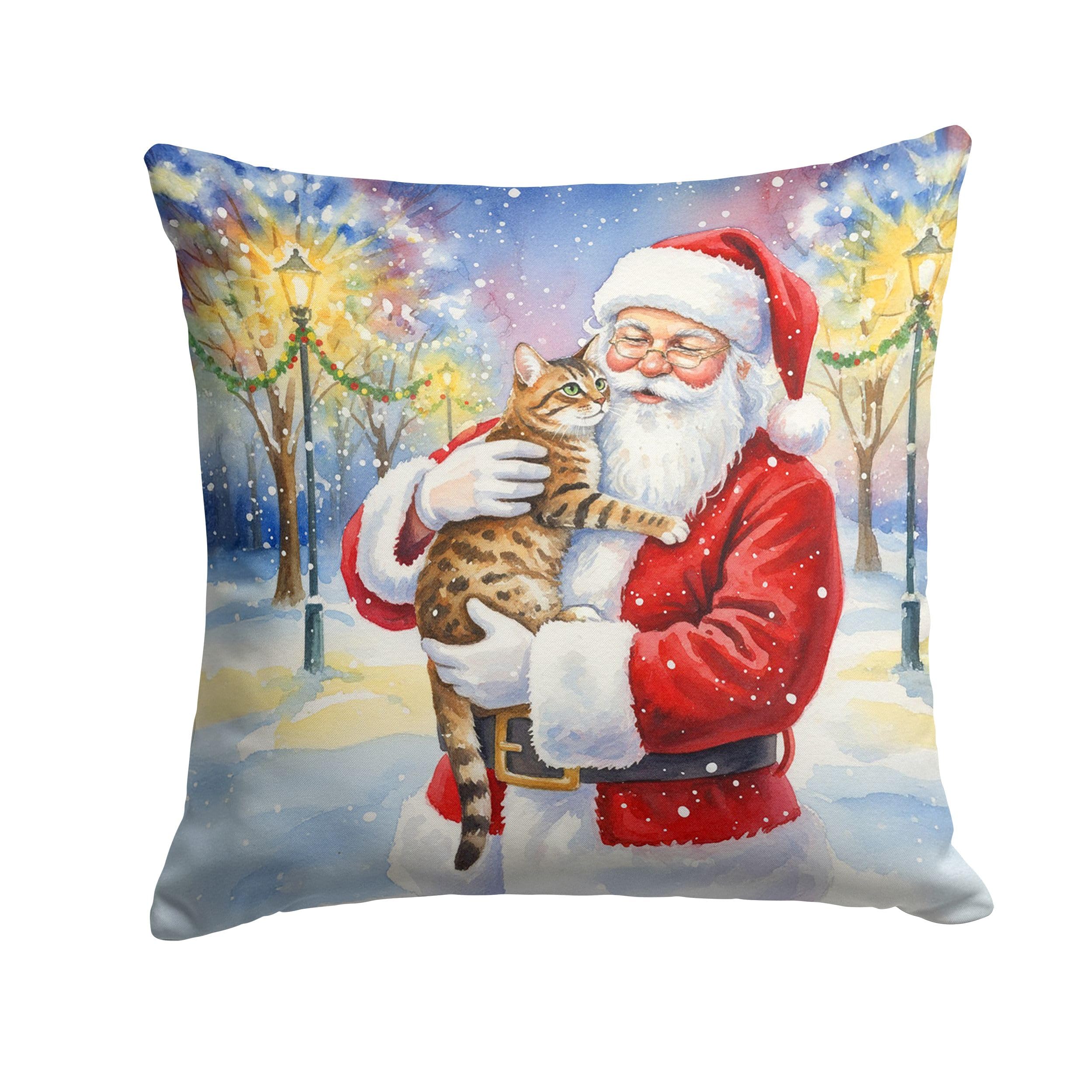 Carolines Treasures Spotted Tabby Brown Cat with Santa Claus Throw Pillow Decorative Indoor Outdoor Accent Cushion for Couch, Bed or Patio, 18Hx18W