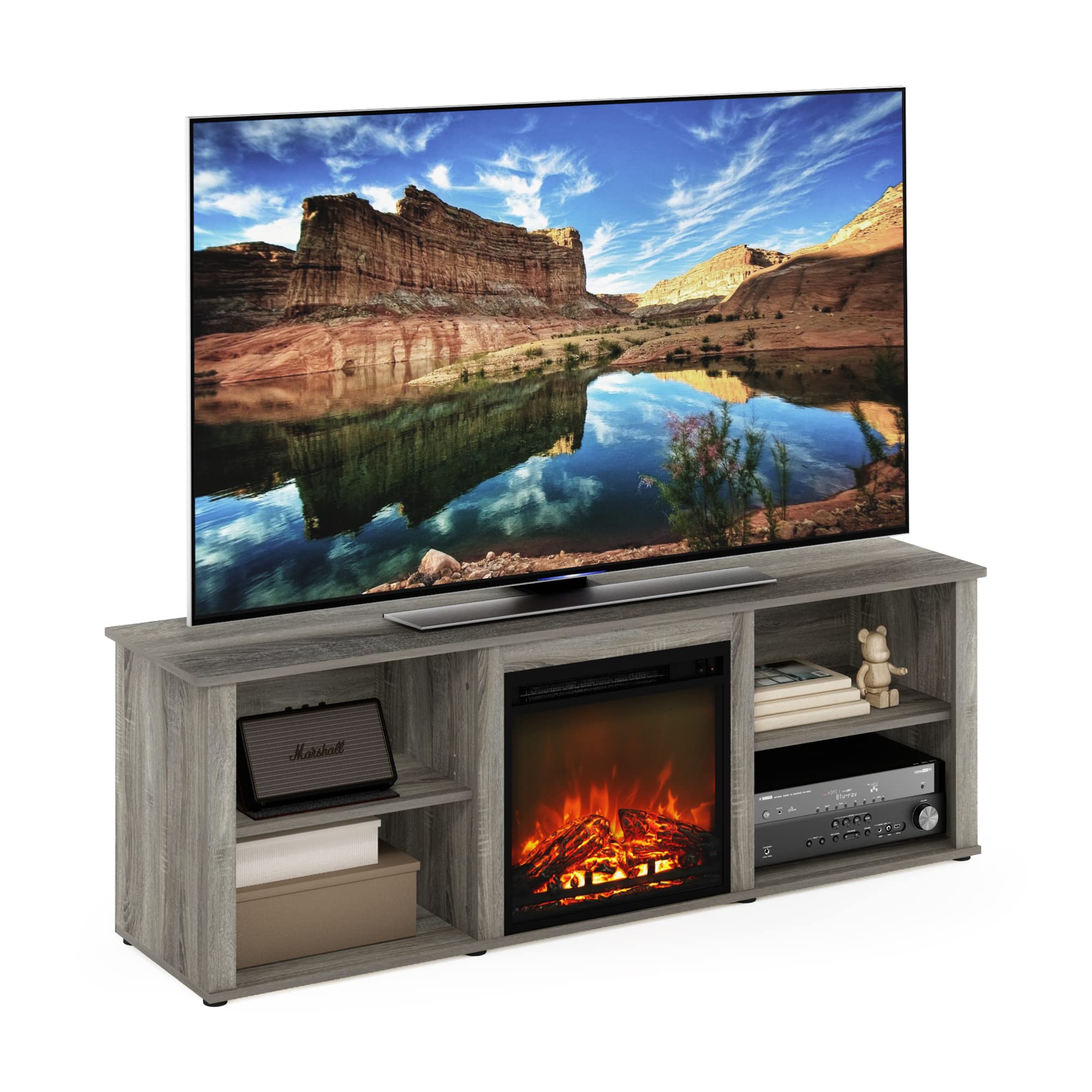 Furinno Classic 70 Inch TV Stand with Fireplace, French Oak Grey