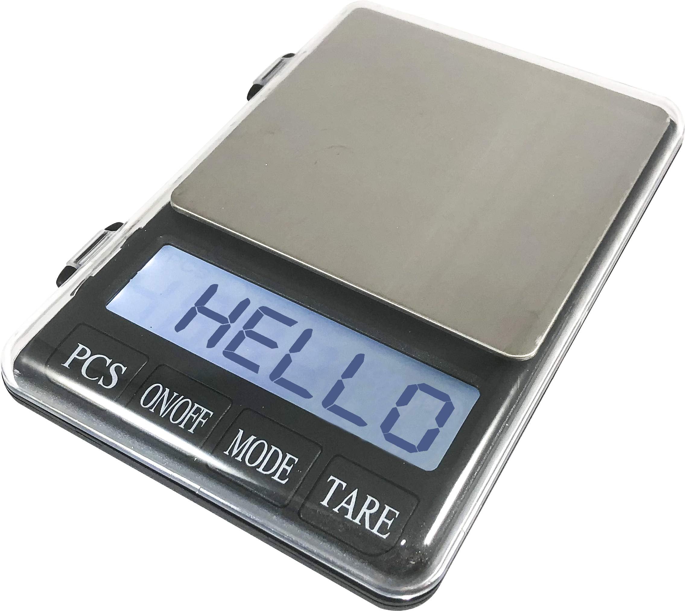 A pocket scale with a large display, 1-minute auto-off, overload indicator, and Low battery indicator.