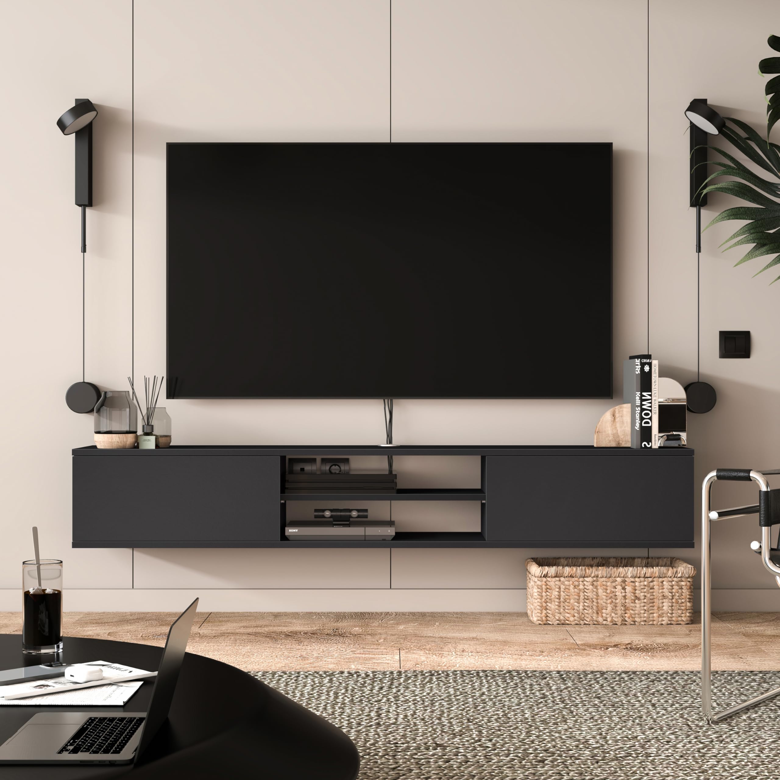 Atelier Mobili Floating TV Stand 70 Inch, Wall Mounted Media Console, Modern Gray TV Stand for 80 Inch TVs with Storage and Cable Management, Floating Entertainment Center