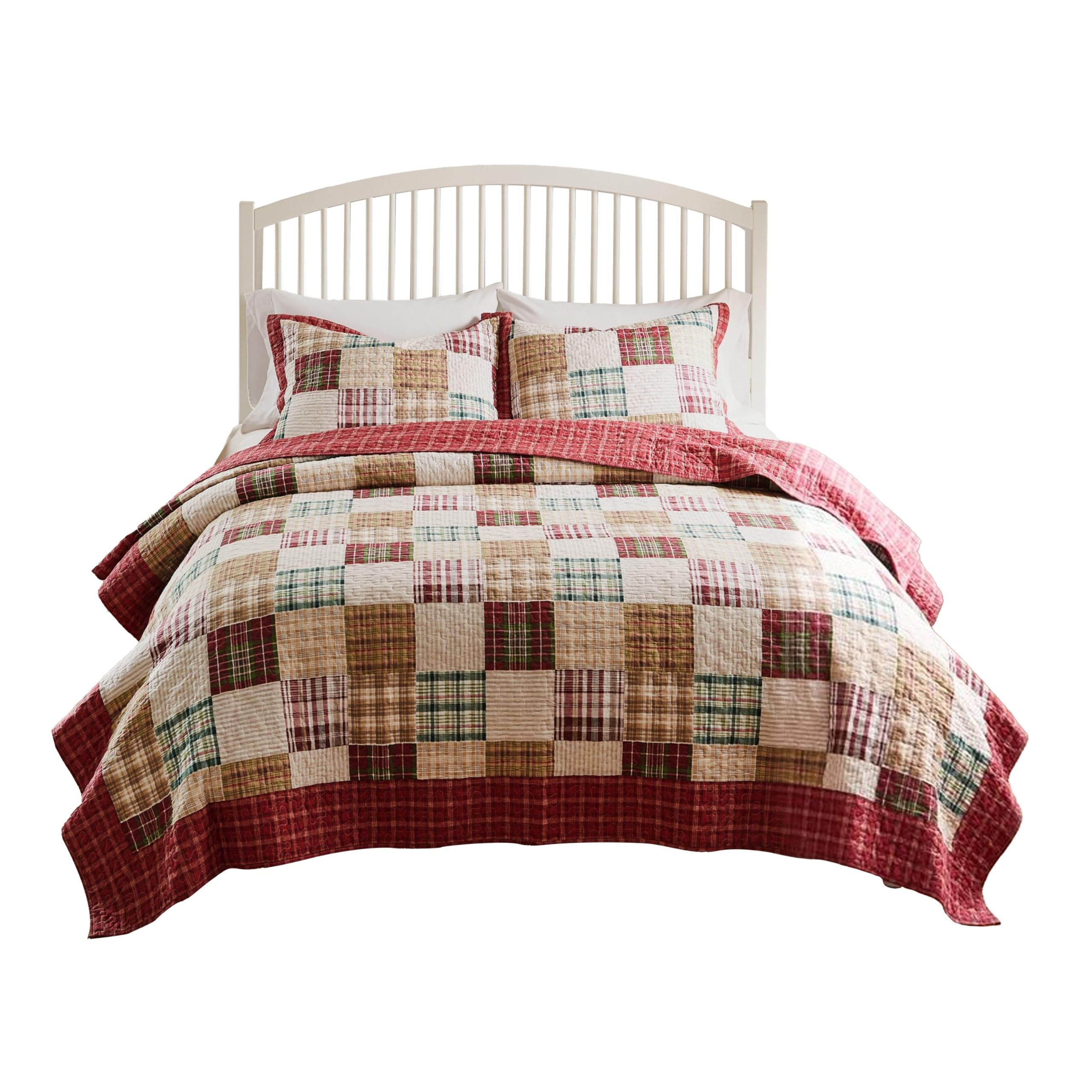 Evi 3pc Full Queen Quilt and Pillow Sham Set, Plaid Pattern, Multicolor