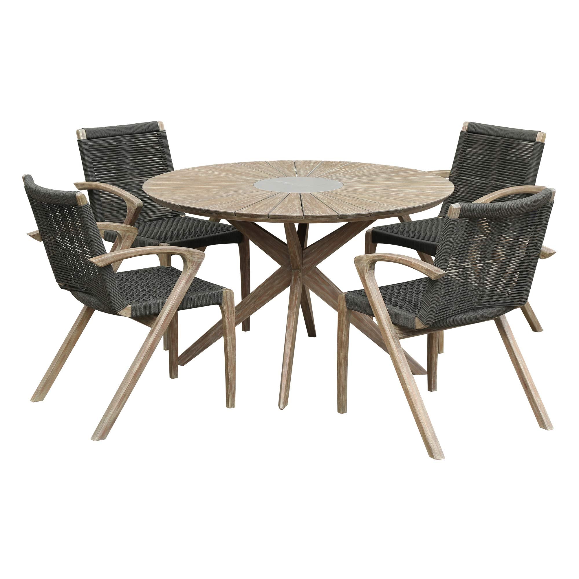 Armen Living Sachi/Nabila Modern Outdoor Patio Wicker And Eucalyptus Dining Set, 5 Piece, Light