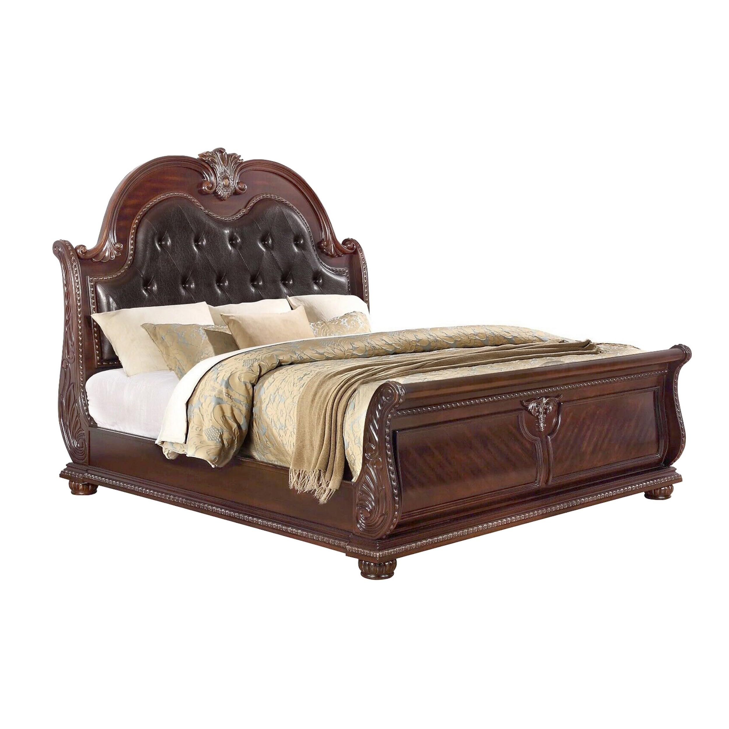 Mano Queen Bed, Faux Leather Upholstery, Classic Floral Carved, Brown Wood