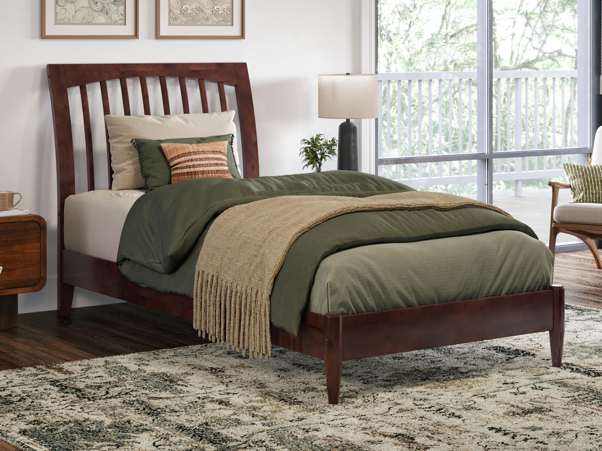 Orleans Twin XL Solid Wood Low Profile Sleigh Platform Bed in Walnut