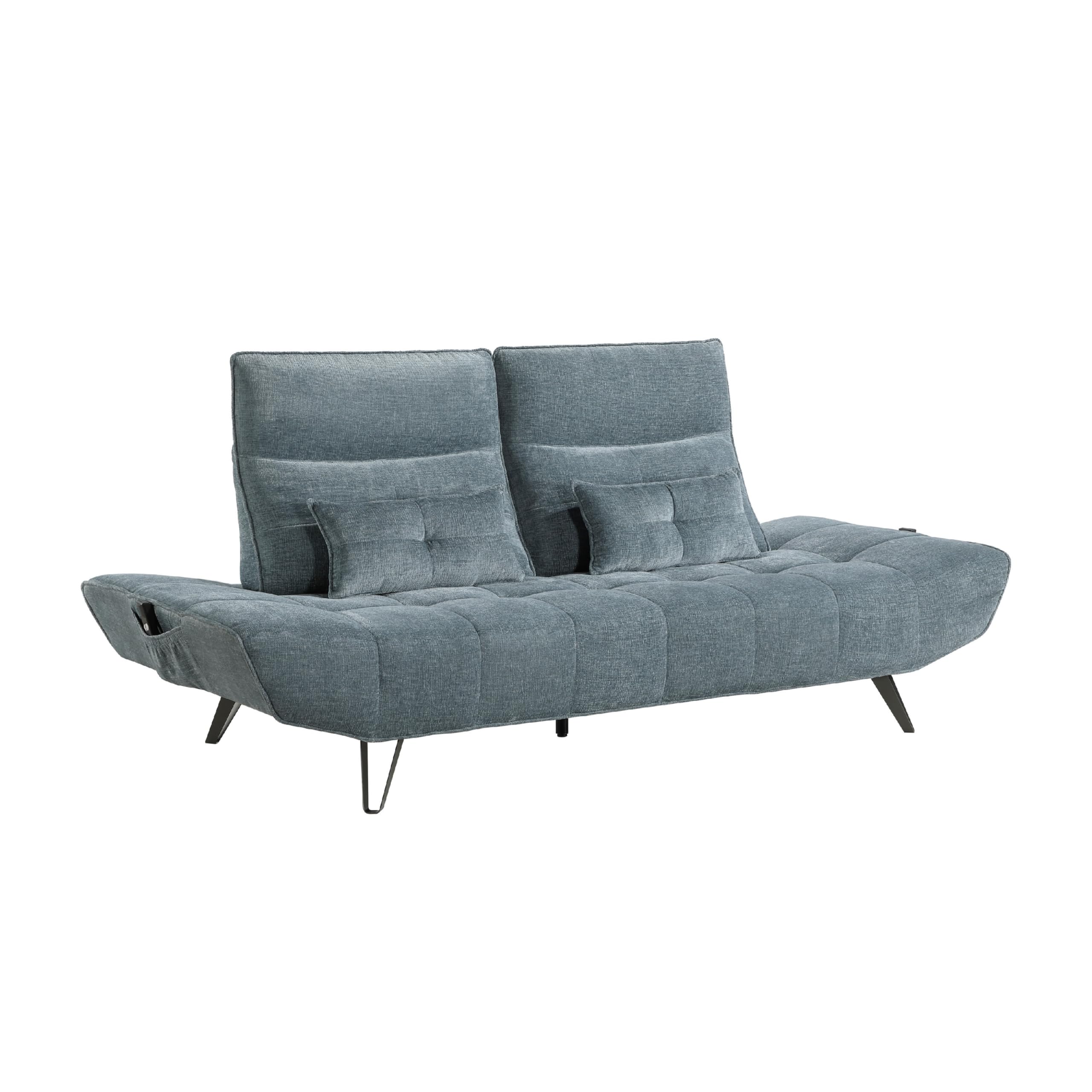 Kyan Adjustable Depth Power Reclining Sofa, 2 Pillows, Blue Chenille
