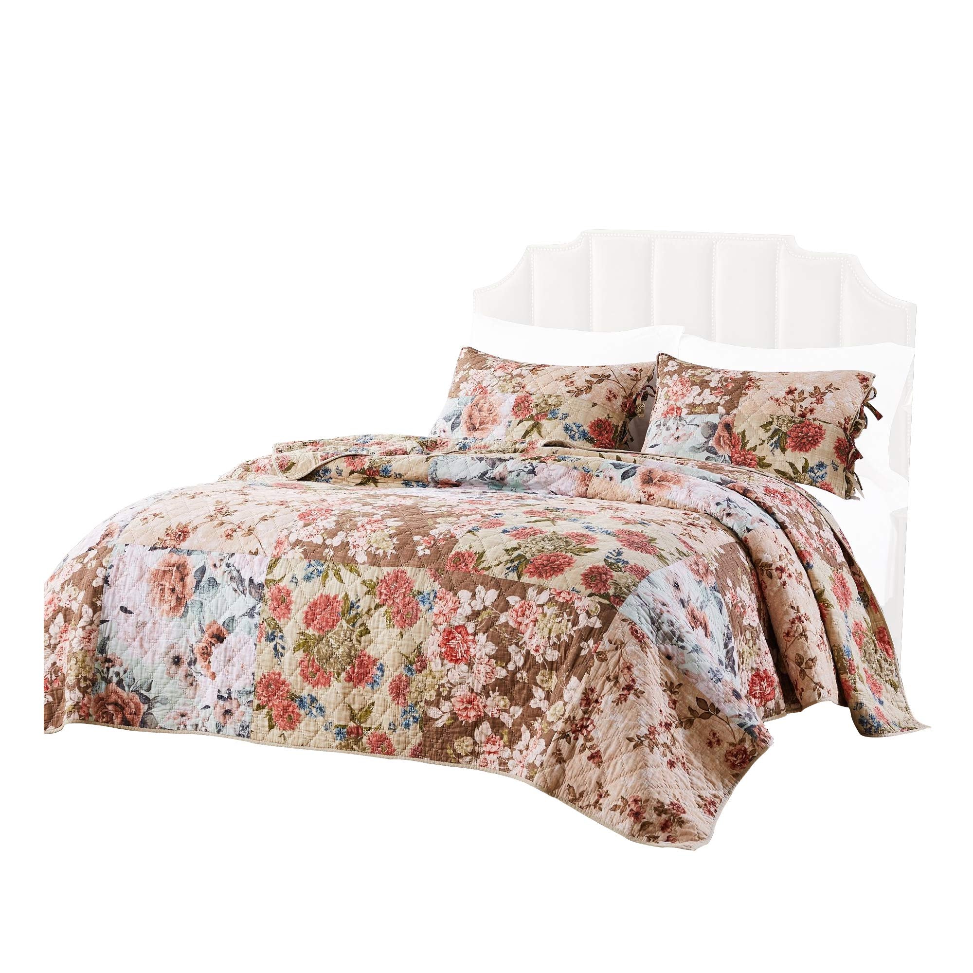 Benjara Rome 3 Piece Microfiber Reversible Floral Print Queen Quilt Set Multicolor