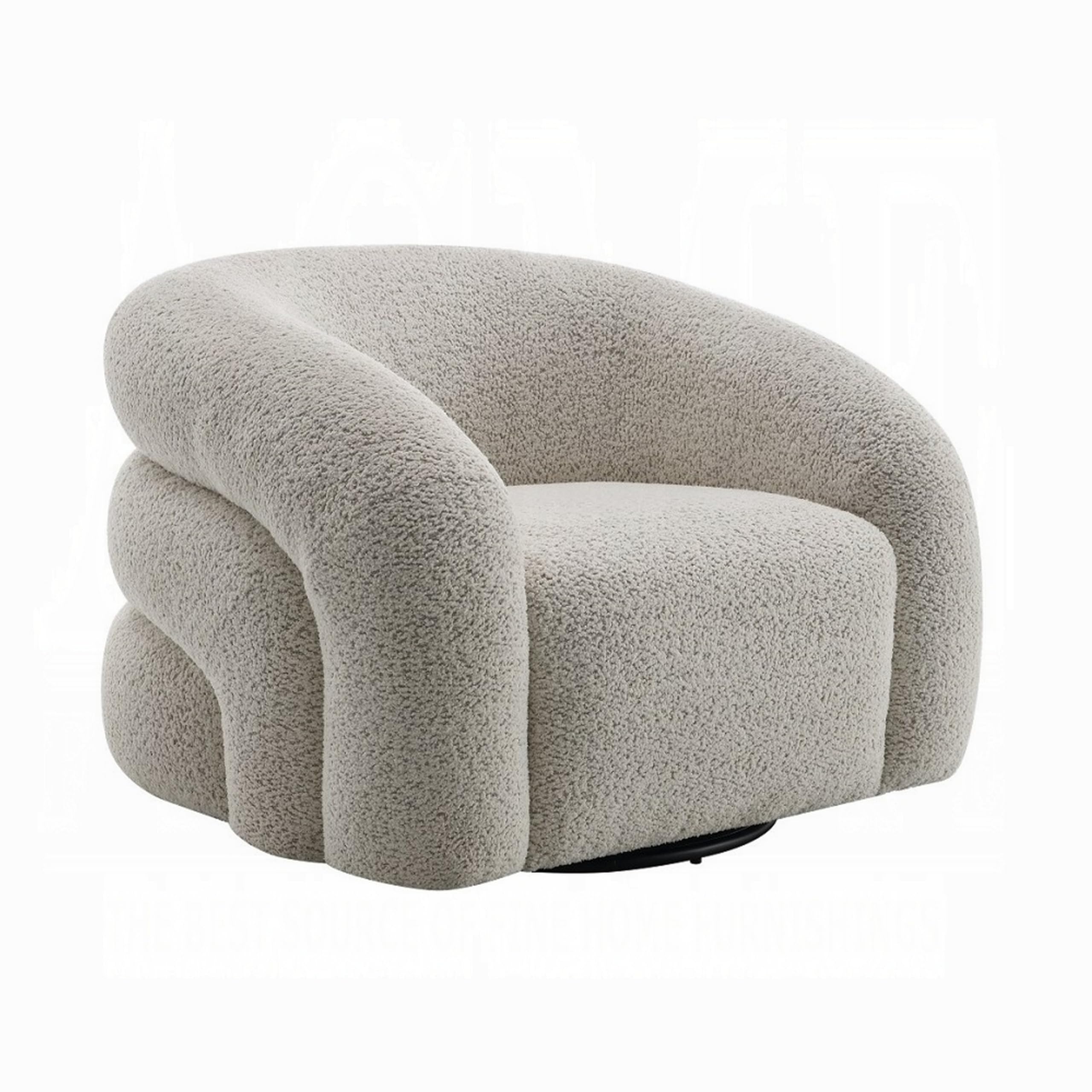 Swivel Accent Chair, Cloudlike Curved Design, Metal Base, Gray Boucle