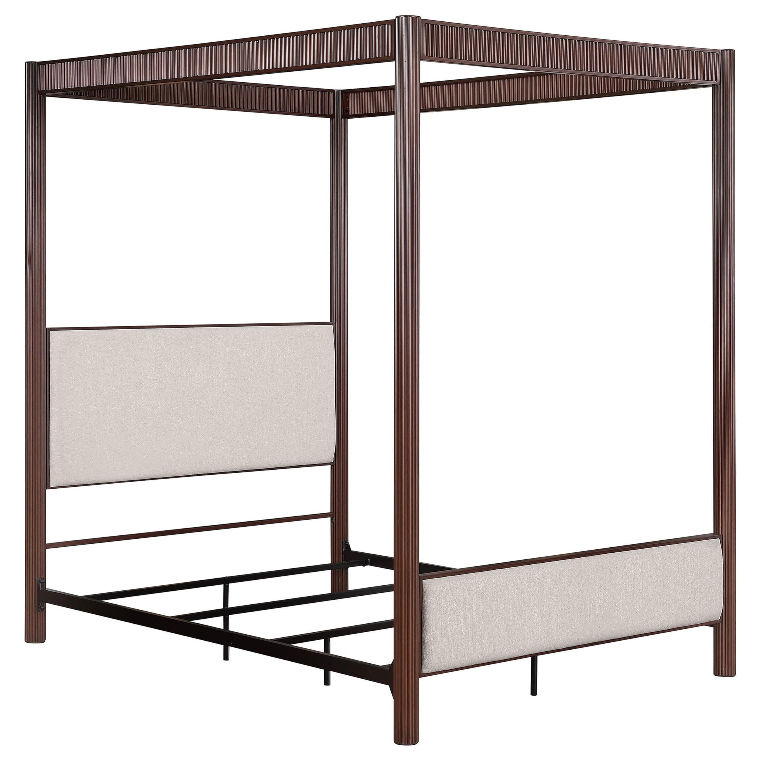 Zemy Queen Canopy Bed with 4 Posts, Beige Upholstery, Brown Metal
