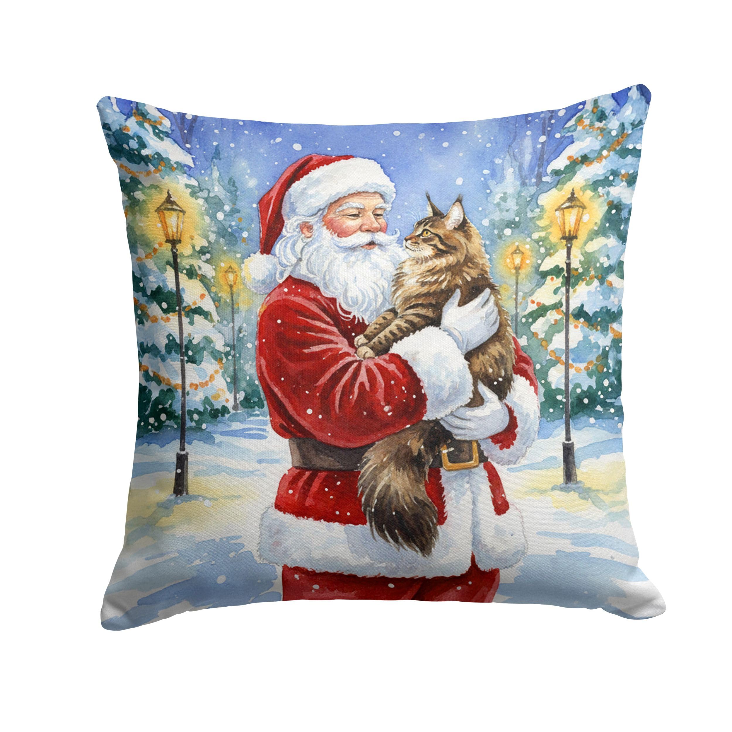 Carolines Treasures MaineCoon Brown Tabby Cat with Santa Claus Throw Pillow Decorative Indoor Outdoor Accent Cushion for Couch, Bed or Patio, 18Hx18W