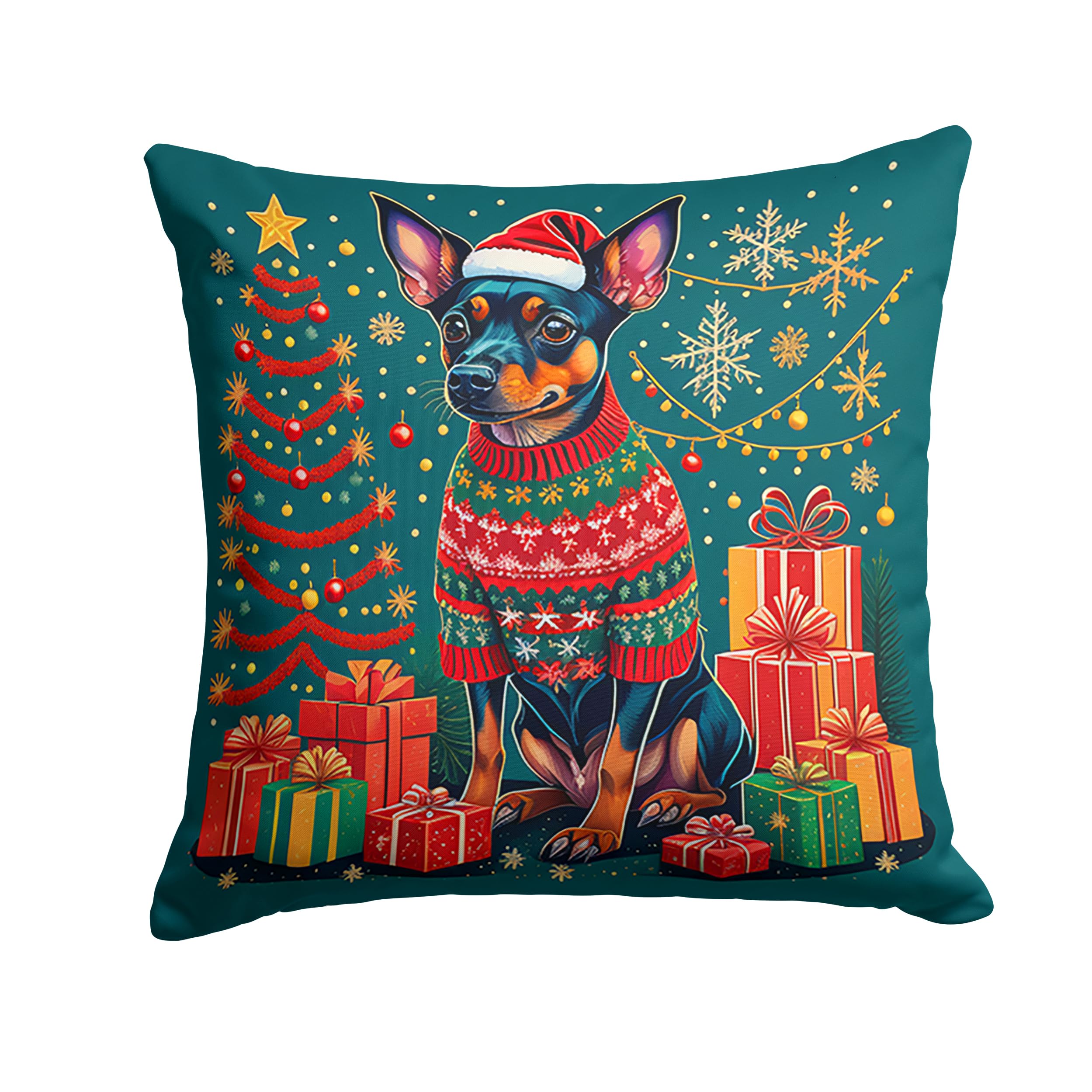 Carolines Treasures DAC1137PW1414 Miniature Pinscher Christmas Fabric Decorative Pillow Machine Washable, Indoor Outdoor Decorative Pillow for Couch, Bed or Patio, 14Hx14W