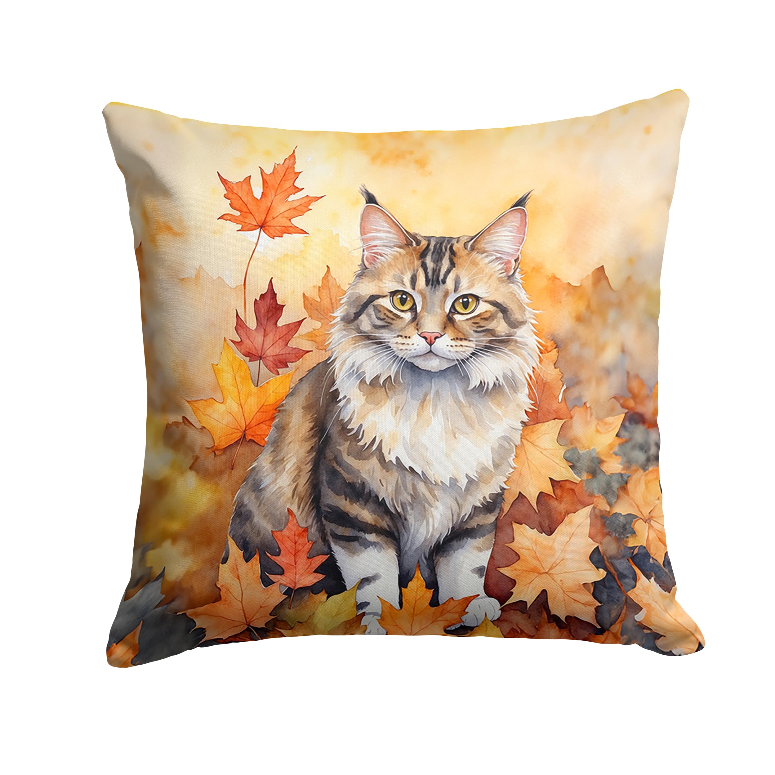 Carolines Treasures Kurilian Bobtail Cat in Fall Leaves Throw Pillow Machine Washable, Indoor Outdoor Decorative Pillow for Couch, Bed or Patio, 14Hx14W