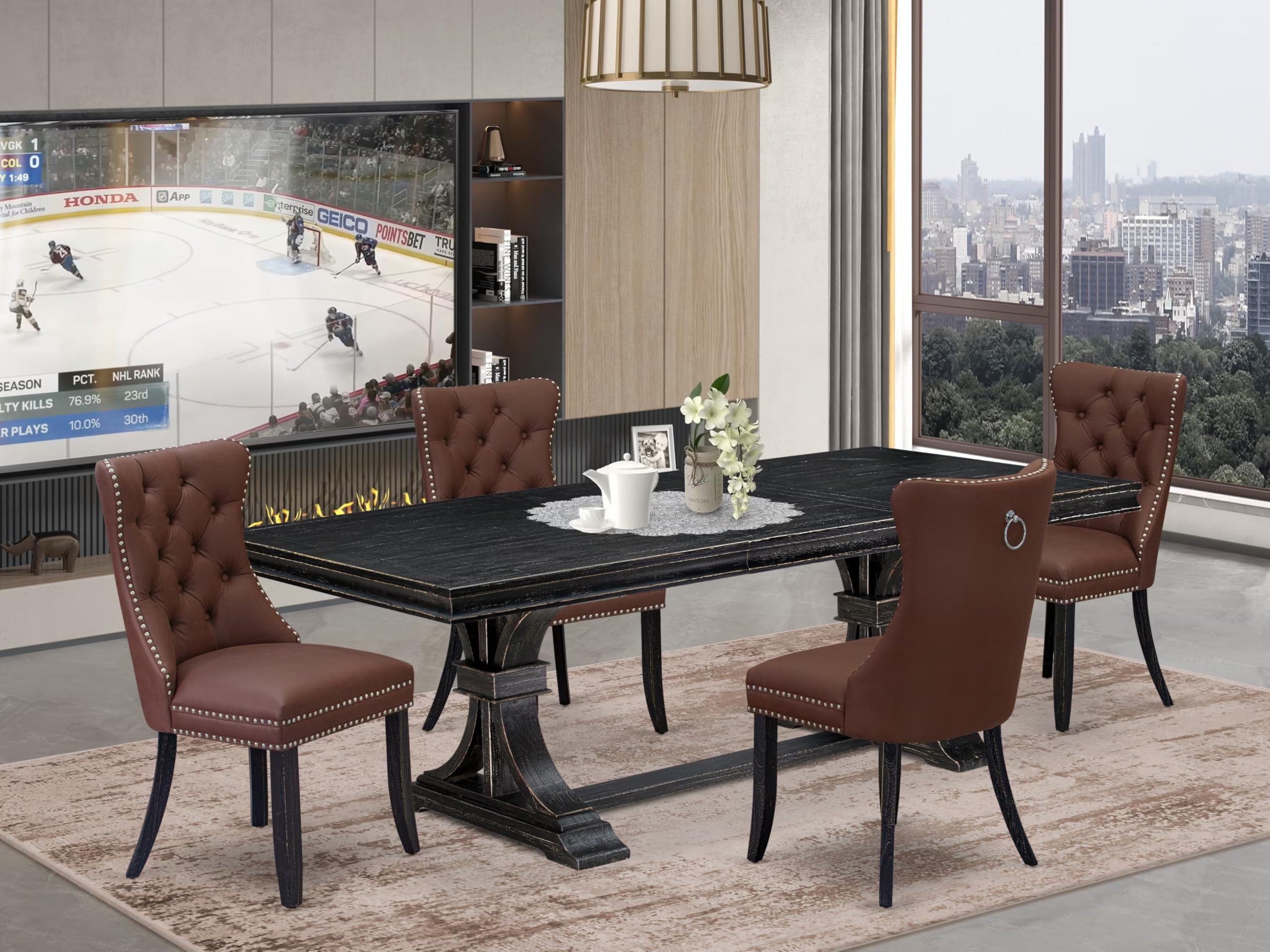 5 piece dining set includes a dining table and 4 Faux Leather Parson Chairs