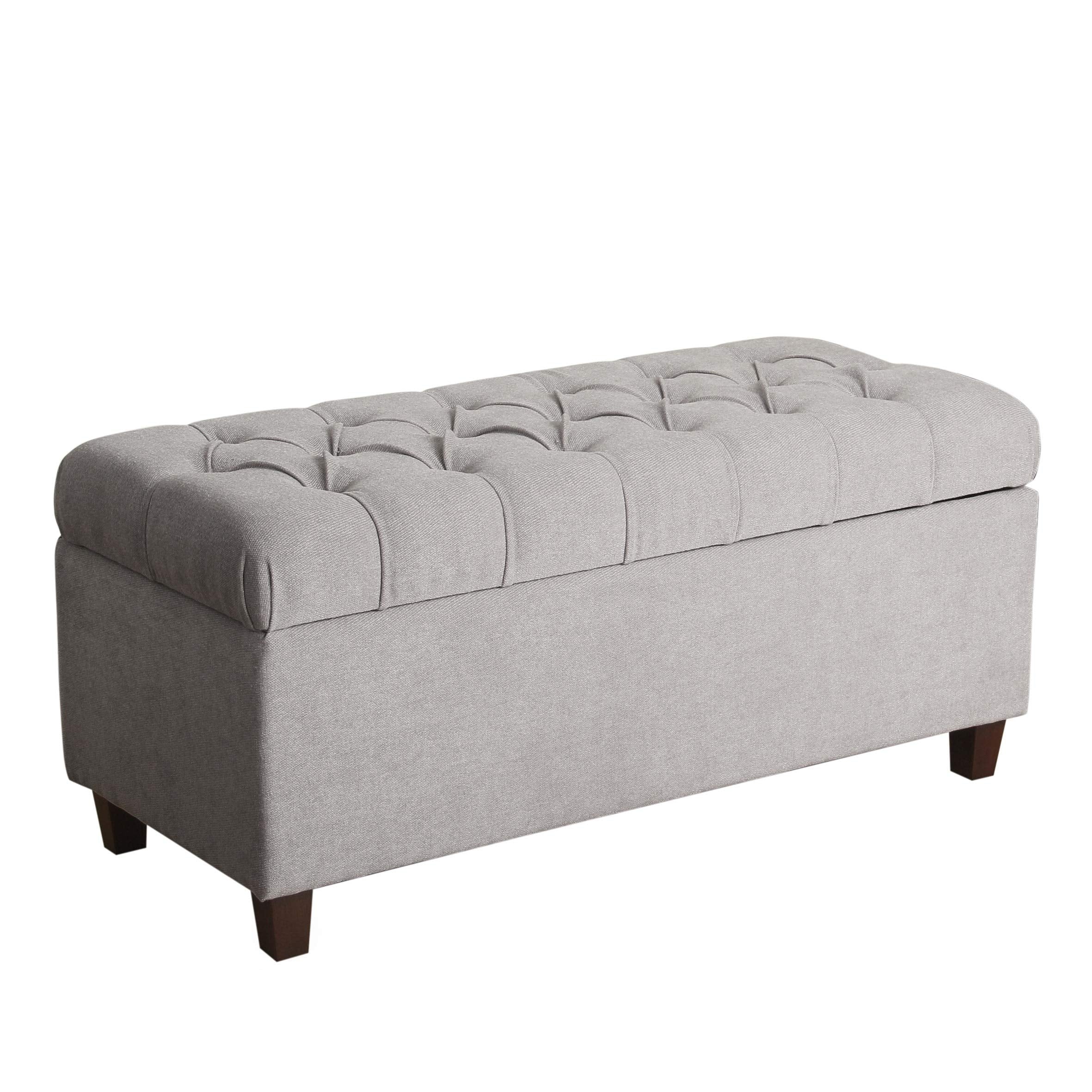 Benjara Fabric Upholstered Button Tufted Wooden Bench With Hinged Storage, Gray And Brown