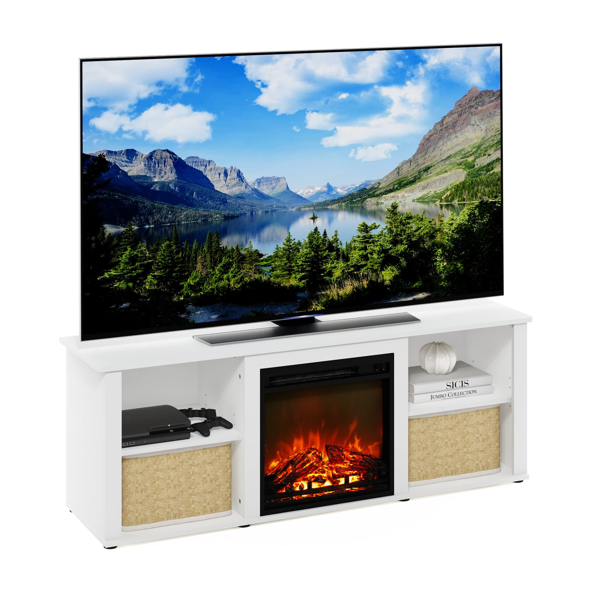 Furinno Classic 60 Inch TV Stand with Fireplace, Solid White