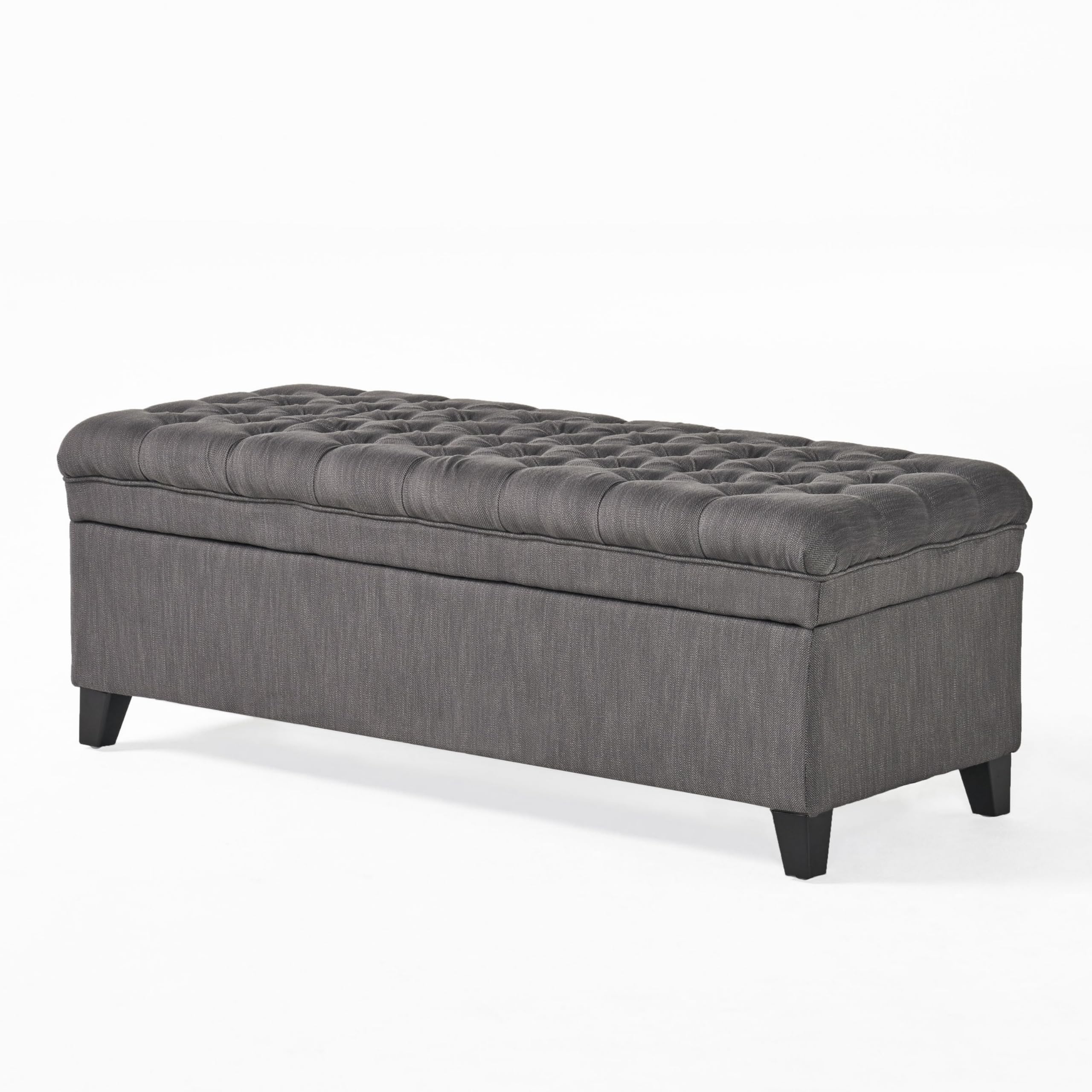 Rhya Storage Bench, 50 Inch Button Tufted Plush Seat, Soft Gray Fabric