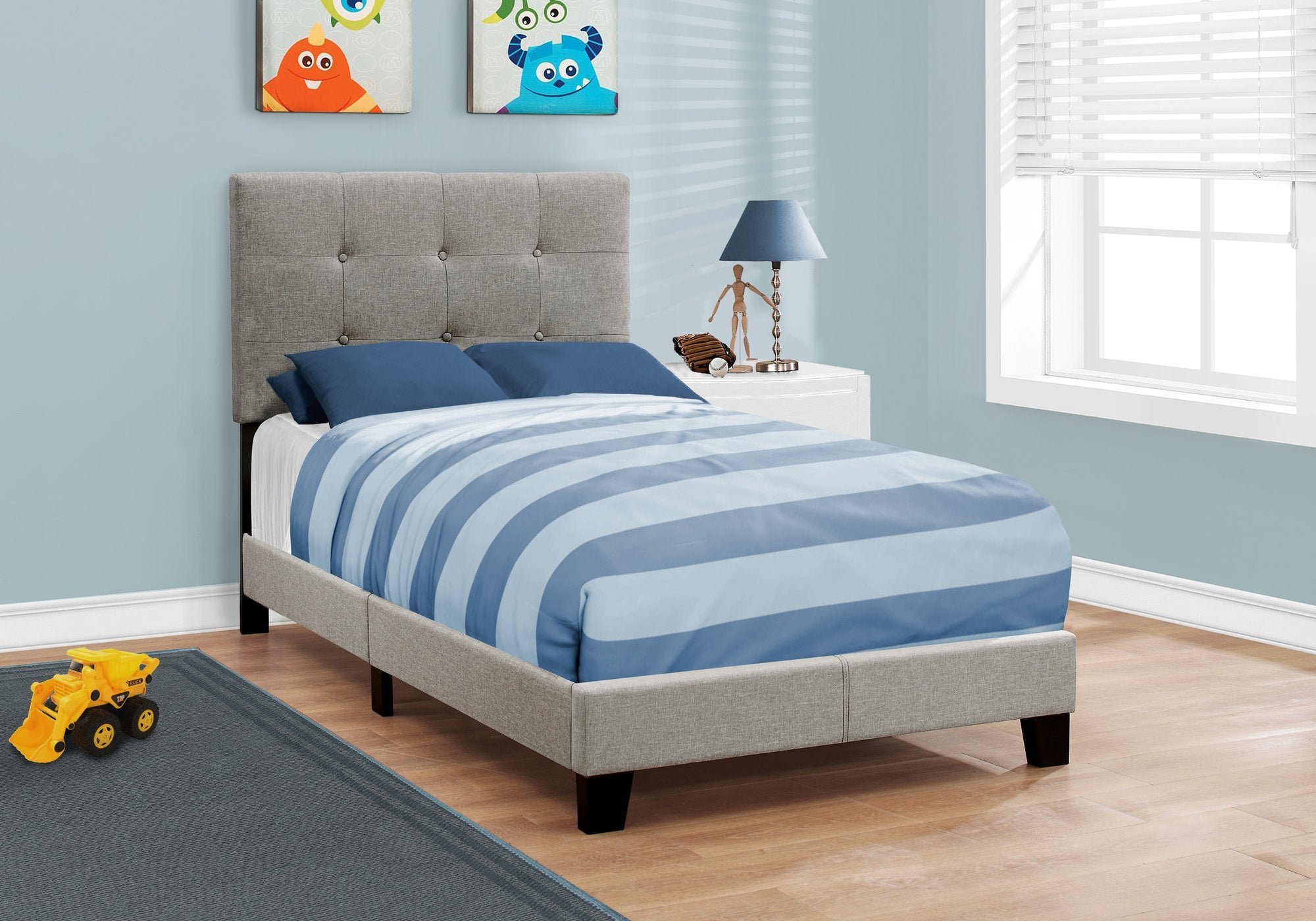 Bed, Twin Size, Platform, Teen, Frame, Upholstered, Linen Look, Wood Legs, Grey, Transitional