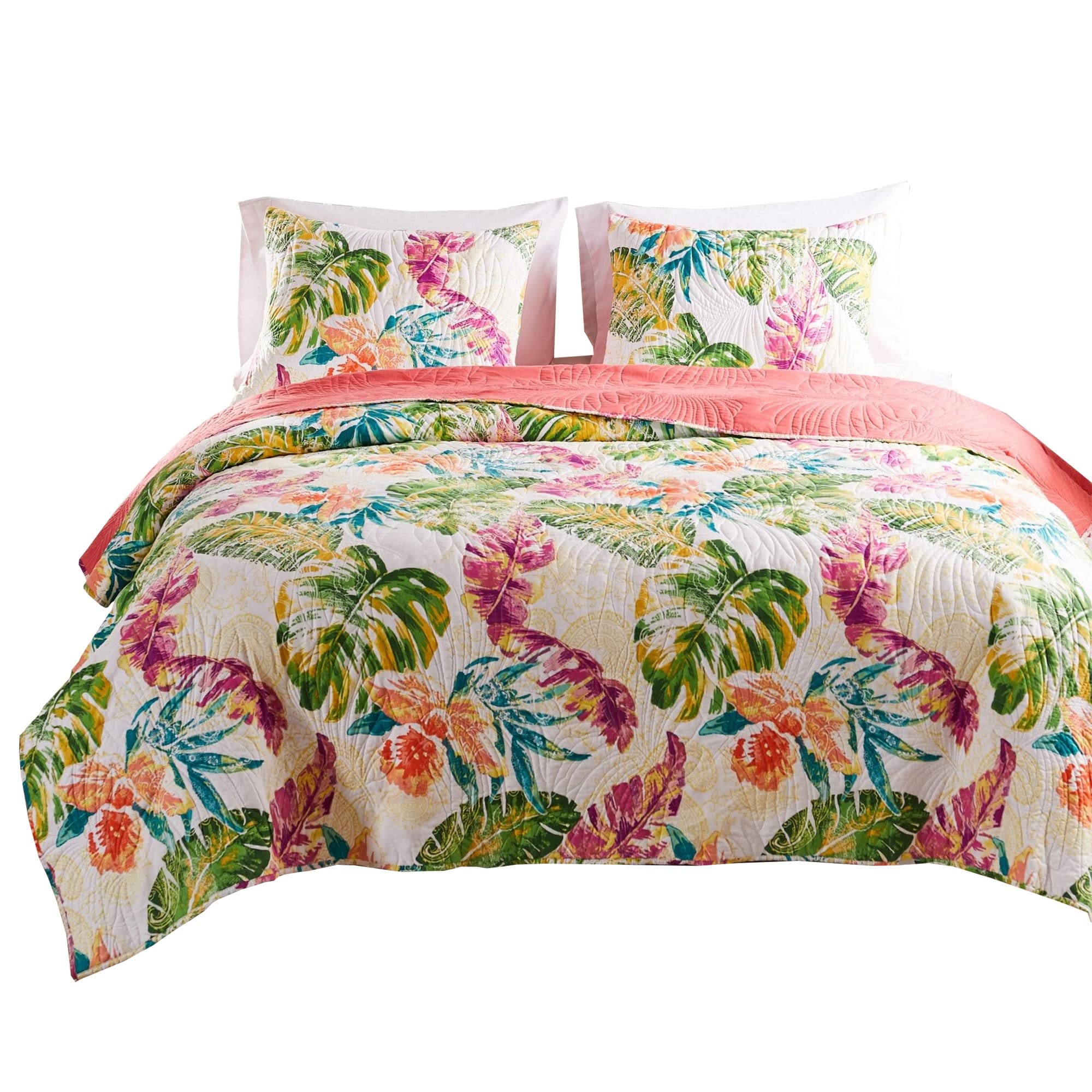 Aulne 3 Piece Full Quilt Set with Leaf Print, Multicolor