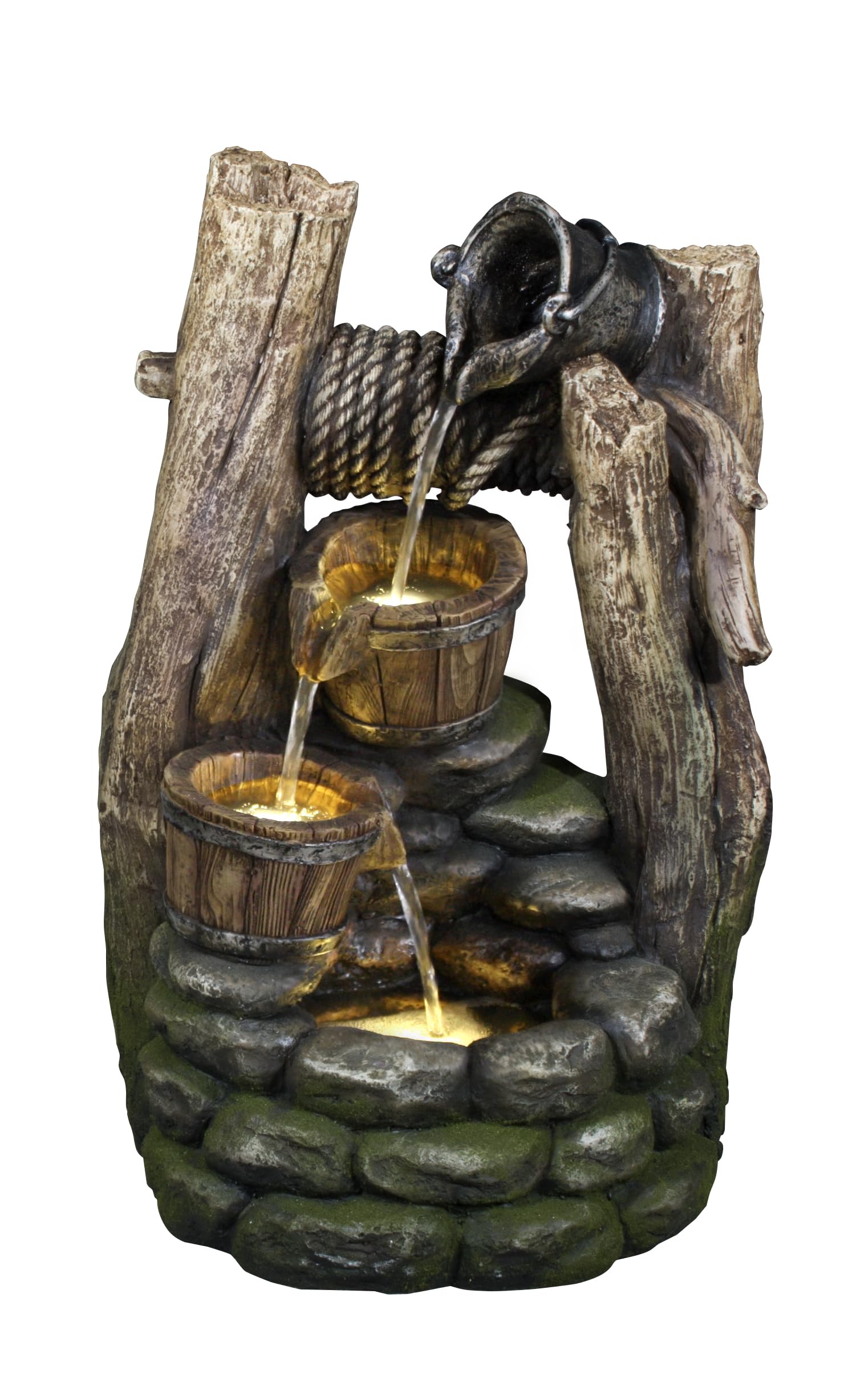 Hi-Line Gift Ltd 79553-A Well Fountain with Pouring Pail, 2 Buckets, & 3 LEDs