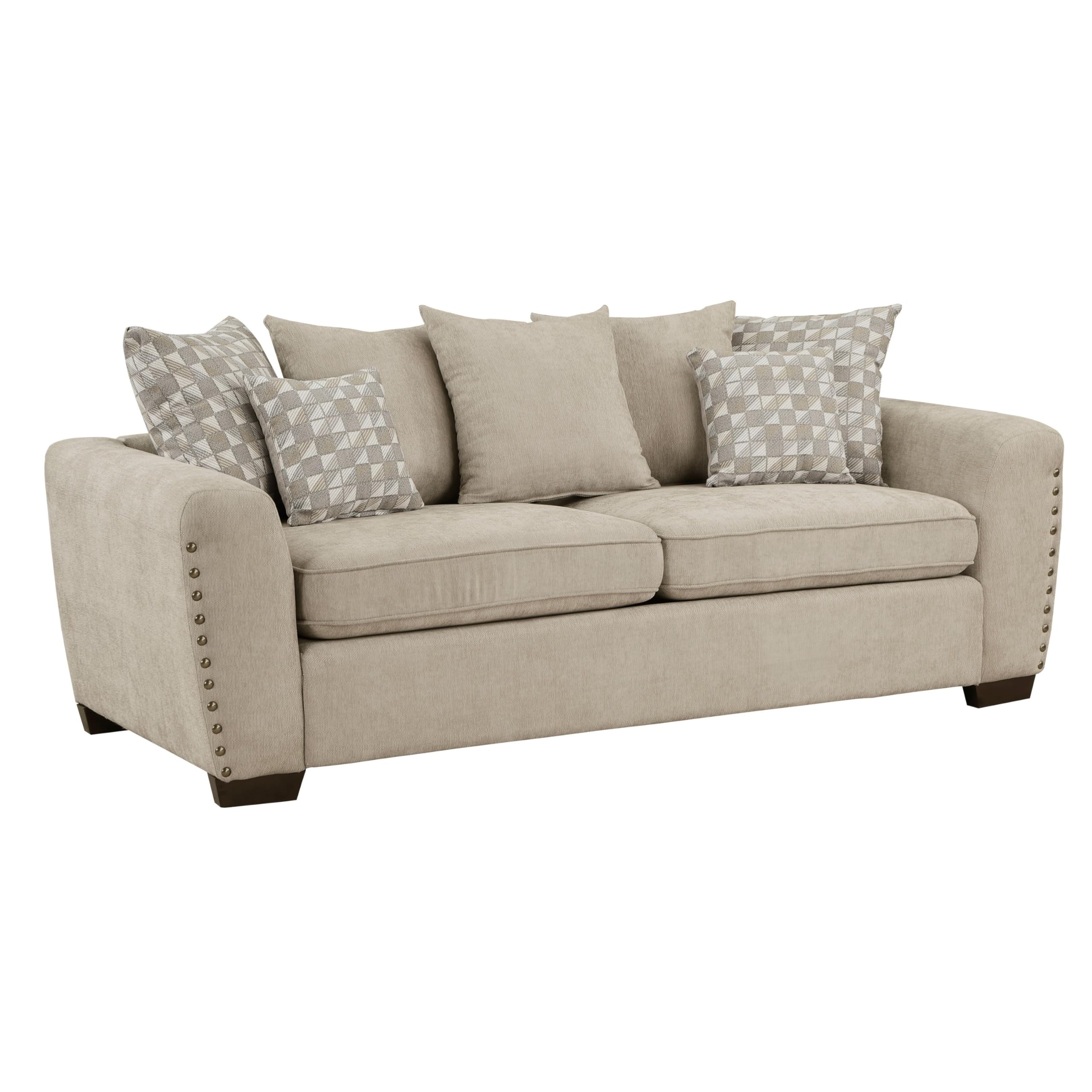 Gini 82 Inch Sofa, 7 Pillows, Nailhead Trim, Brown Chenille, Solid Wood