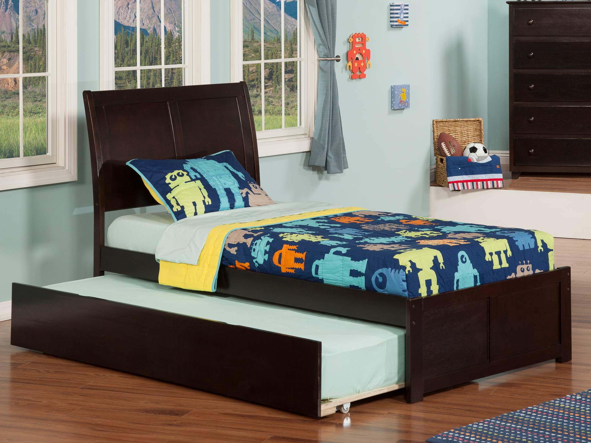 Portland Twin Extra Long Bed with Footboard and Twin Extra Long Trundle in Espresso