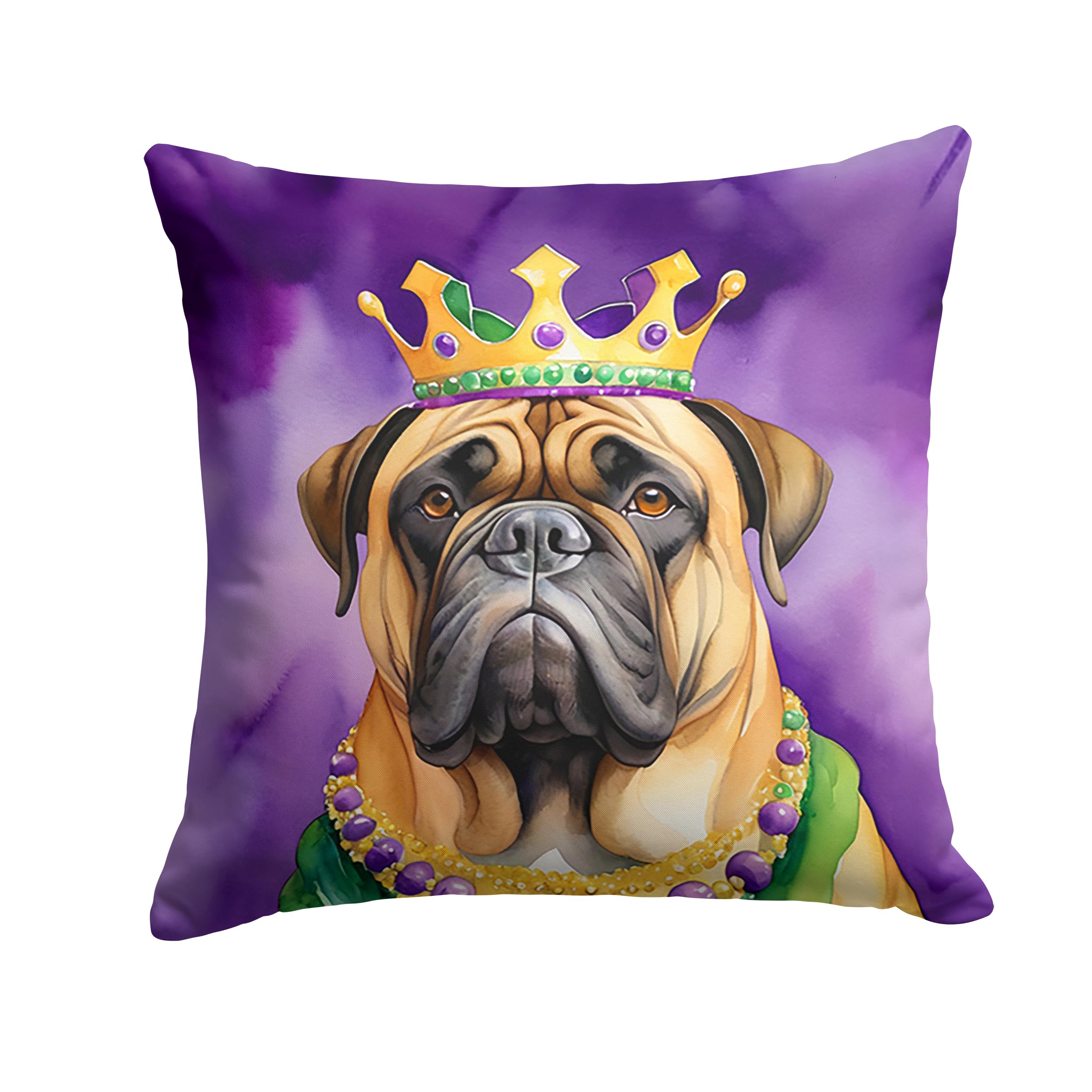 Carolines Treasures Bullmastiff King of Mardi Gras Throw Pillow Machine Washable, Indoor Outdoor Decorative Pillow for Couch, Bed or Patio, 18Hx18W