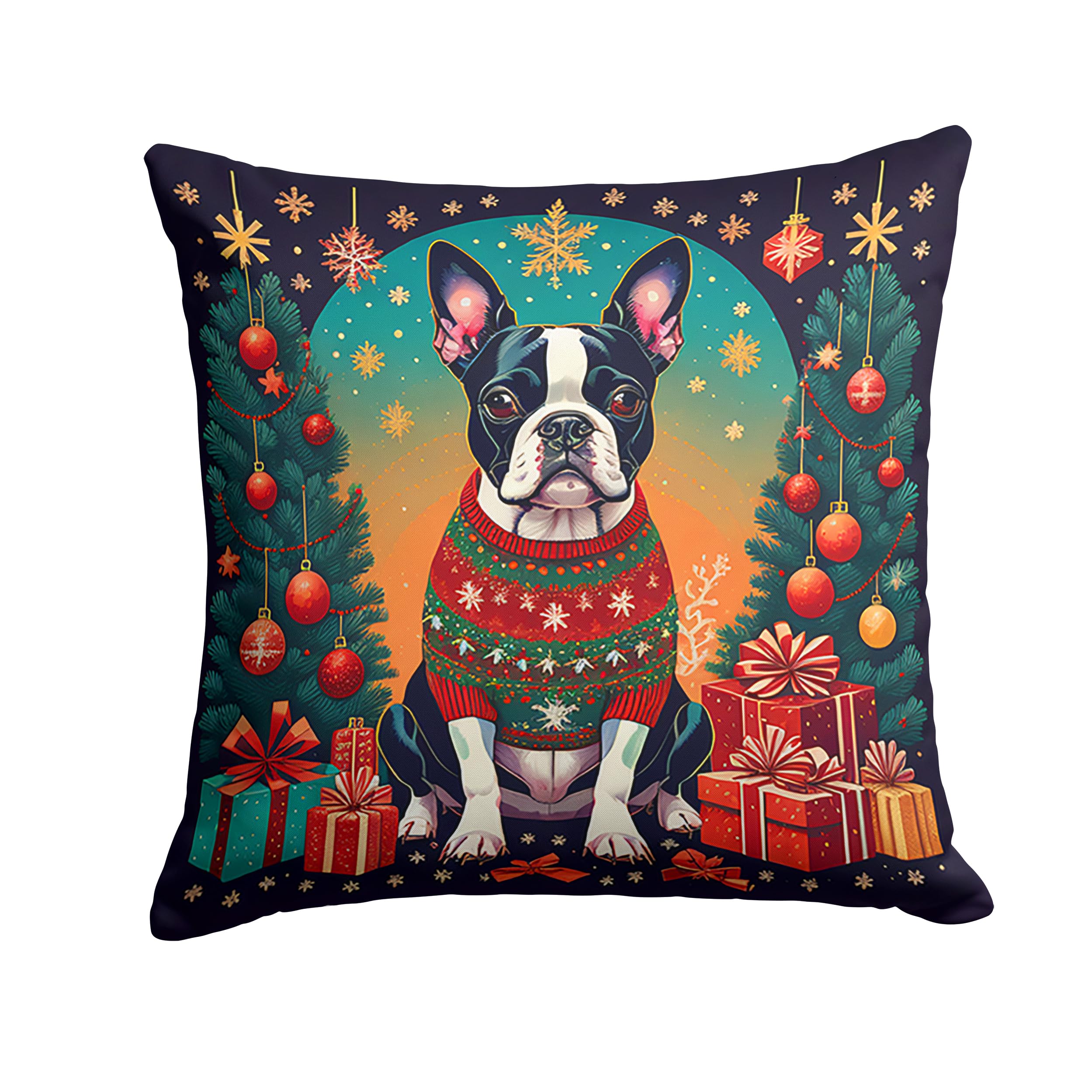 Carolines Treasures DAC1104PW1818 Boston Terrier Christmas Fabric Decorative Pillow Machine Washable, Indoor Outdoor Decorative Pillow for Couch, Bed or Patio, 18Hx18W