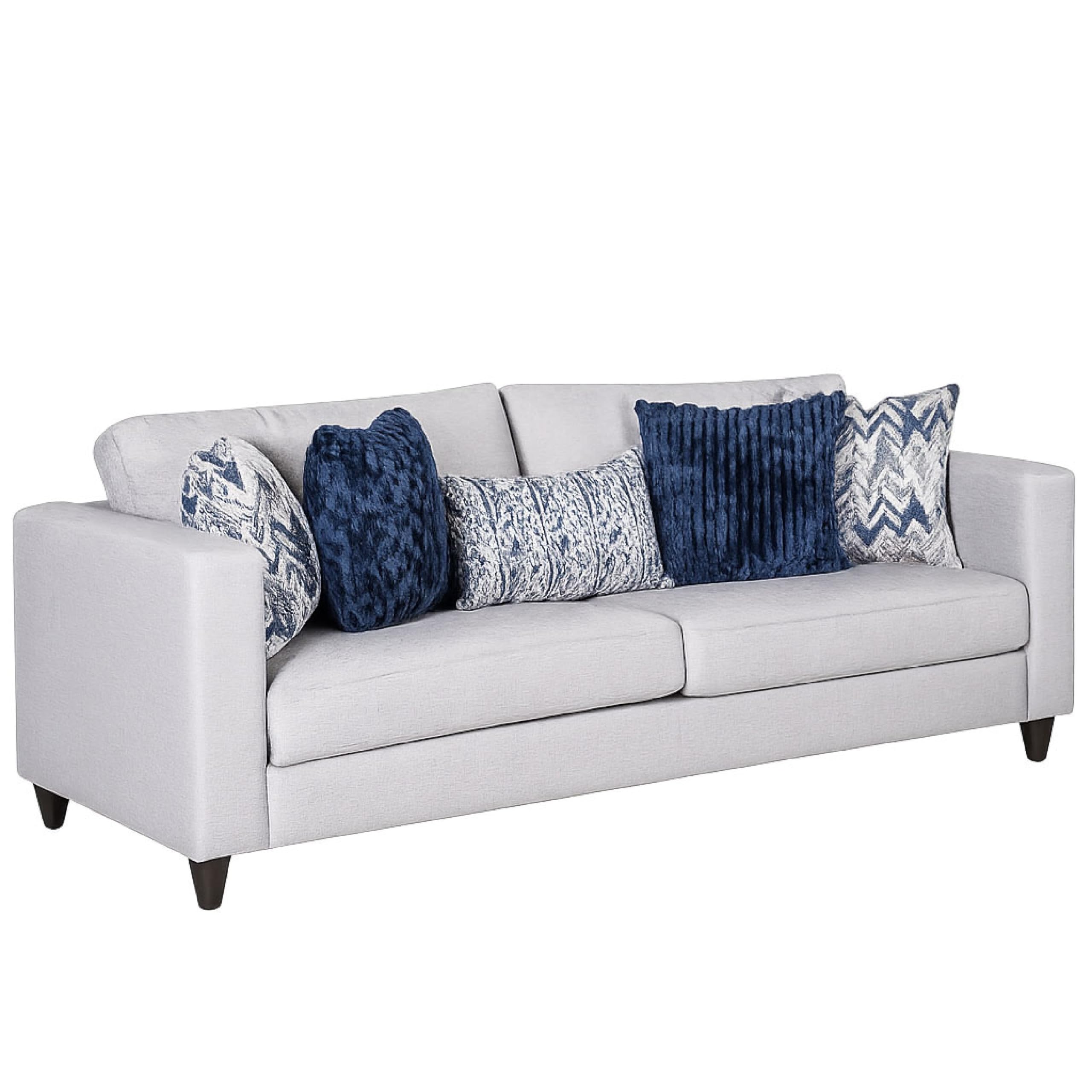 Harie Sofa, 5 Throw Pillows, Light Gray Chenille, Black Wood, 87 Inch