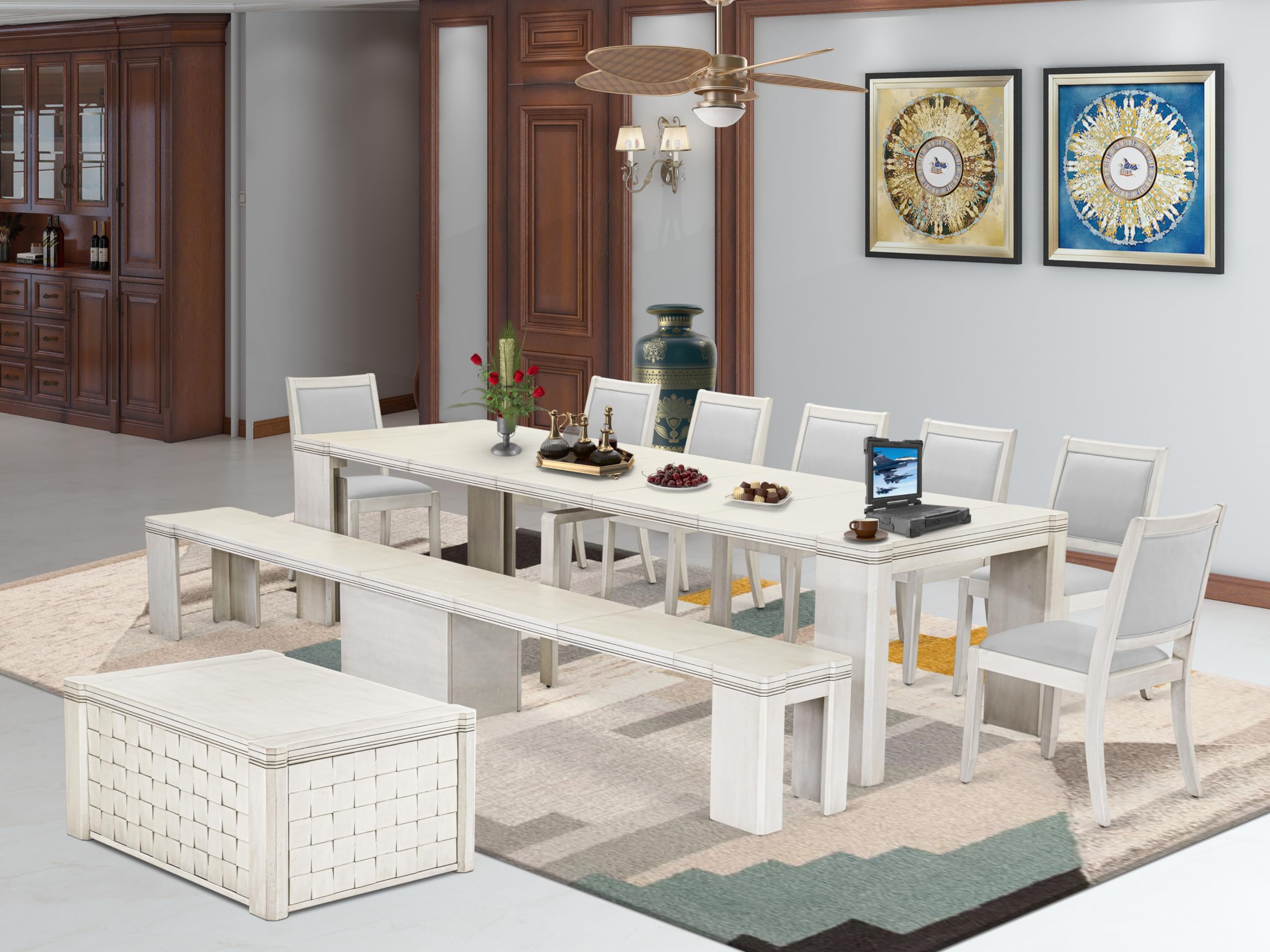 10 Pieces Extendable Dining Set, Antique White