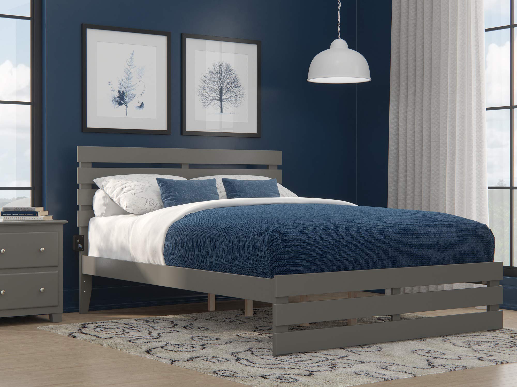 Oxford Queen Bed with Footboard and USB Turbo Charger in Grey