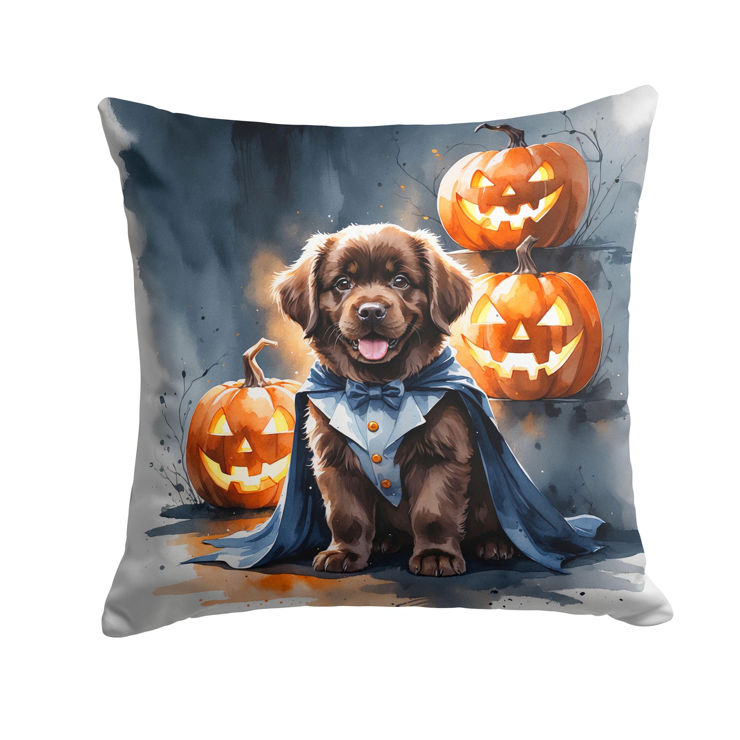 Carolines Treasures Chocolate Newfoundland Puppy Halloween Throw Pillow Machine Washable, Indoor Outdoor Decorative Pillow for Couch, Bed or Patio, 14Hx14W