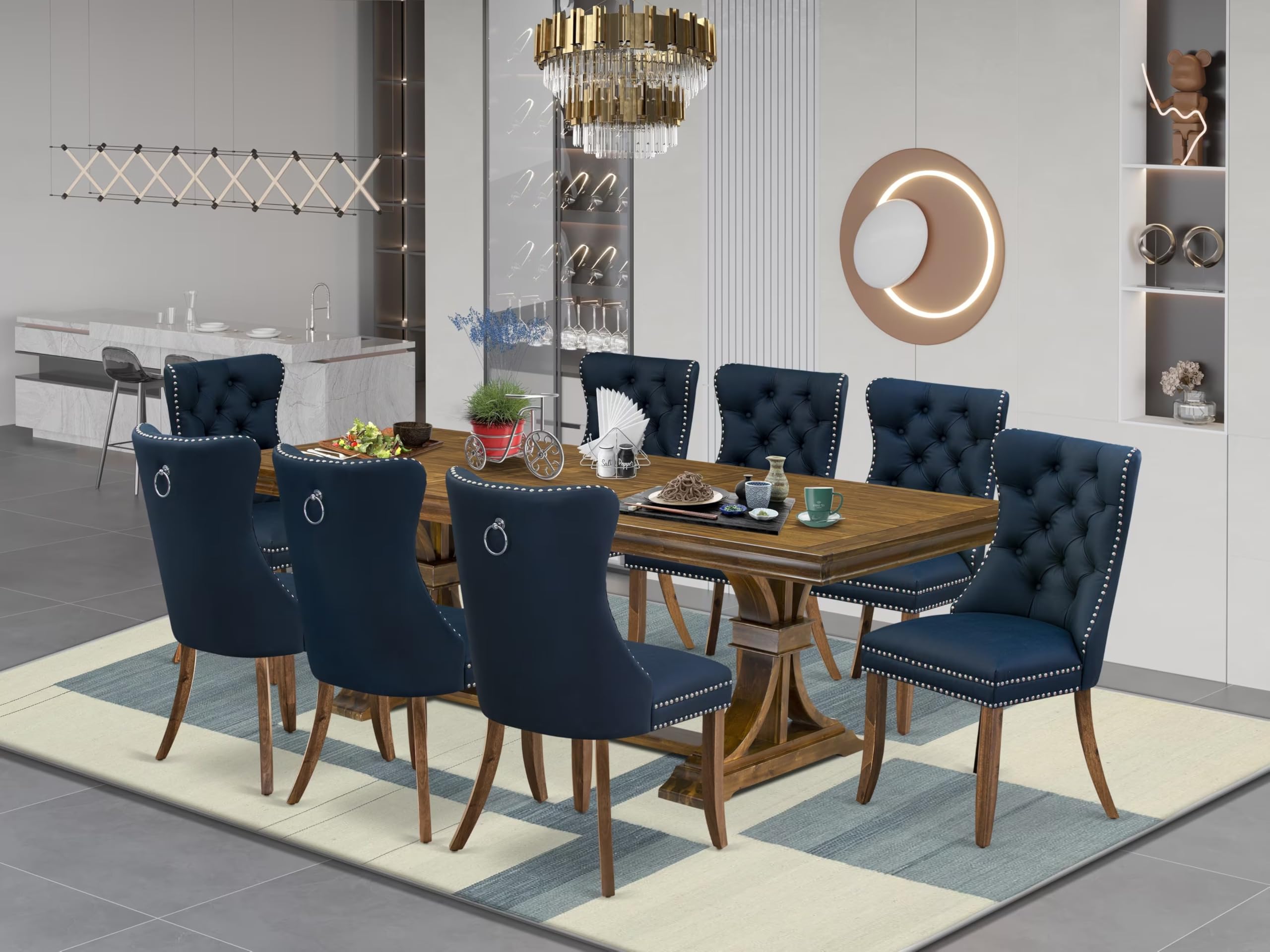 9 Pieces Dining Table Set a Rectangle Table and 8 Dining Chairs, Antique Walnut