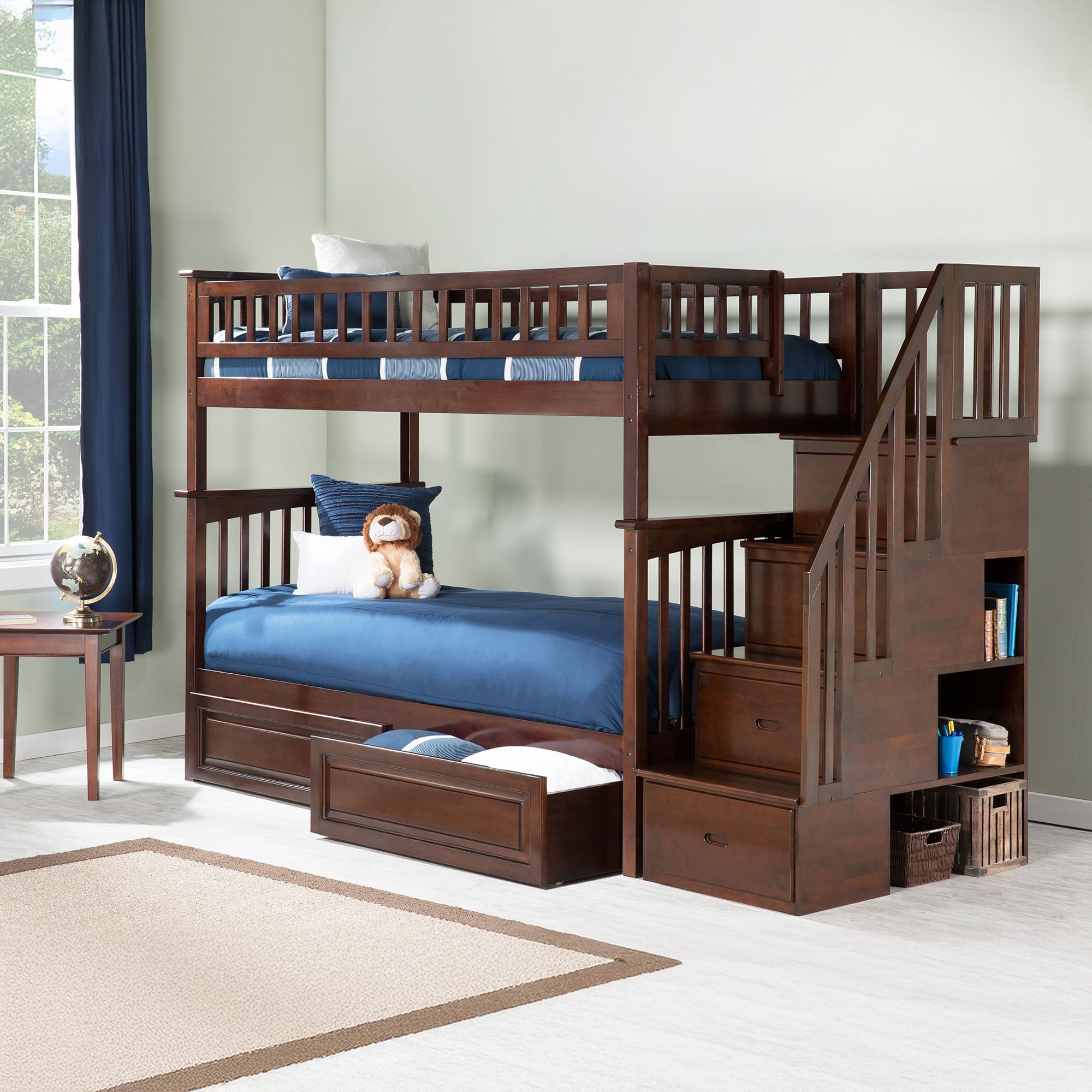 Columbia Twin over Twin Solid Wood Staircase Bunk Bed with 2 Raised Panel Storage Drawers in Walnut