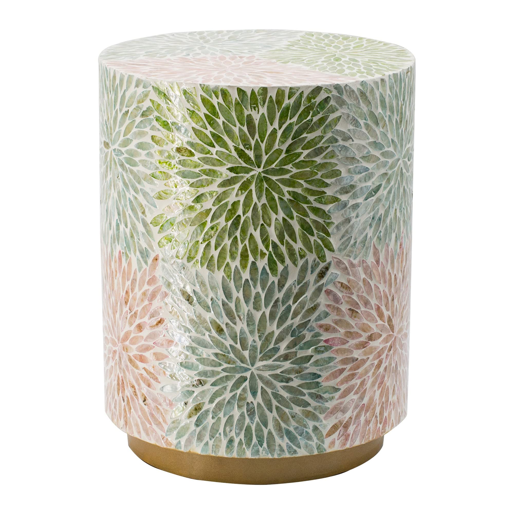 14 Inch Cylindrical Capiz Shell Accent Table Stool, Elegant Leaves Pattern