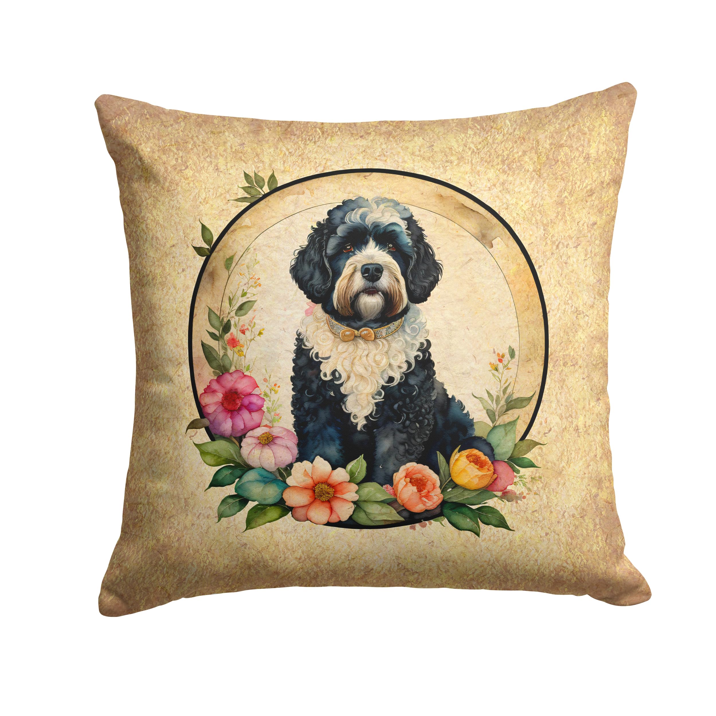 Portuguese Water Dog And Flowers Throw Pillow
