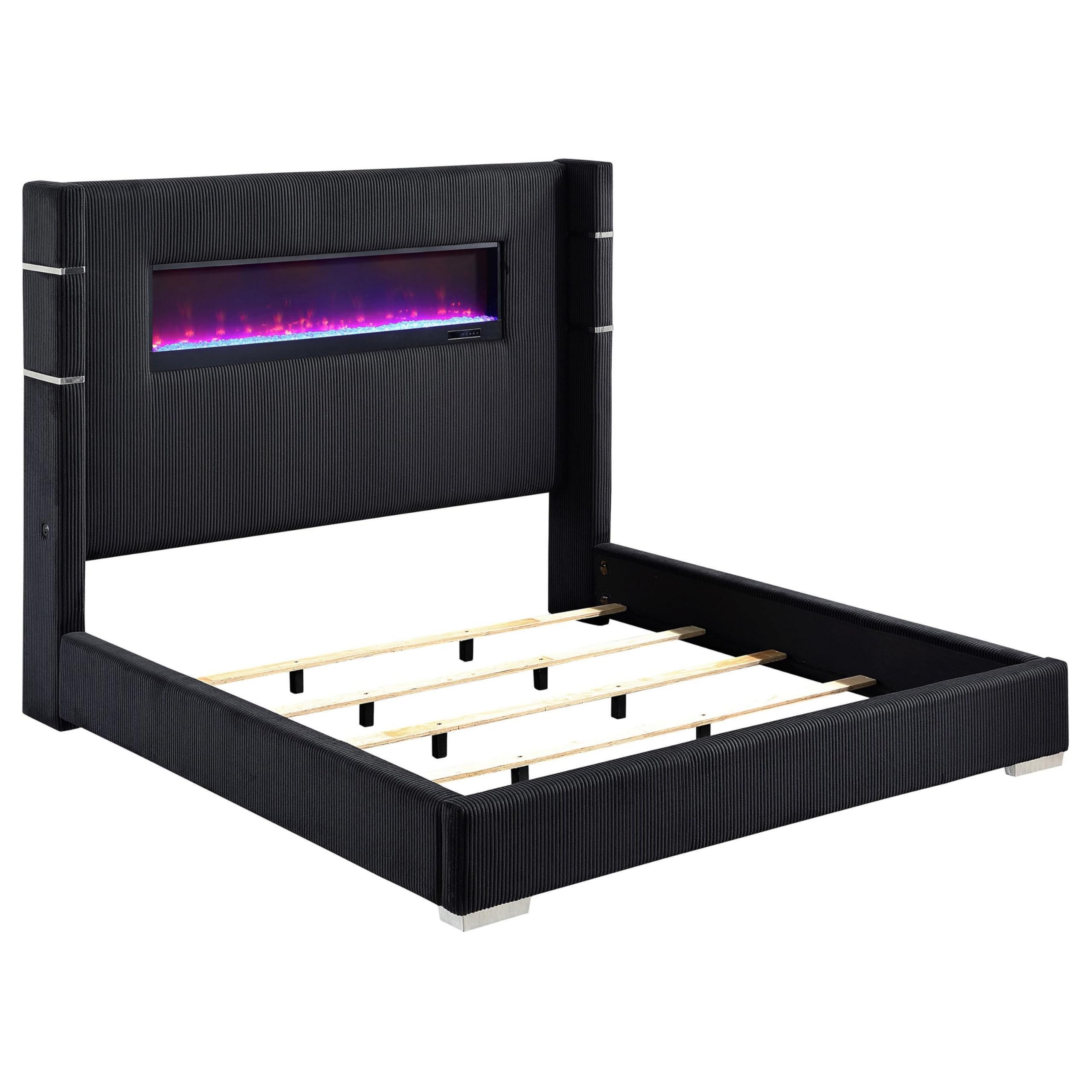 Caro King Bed, Wingback Panel w LED Flame, Black Corduroy Upholstery