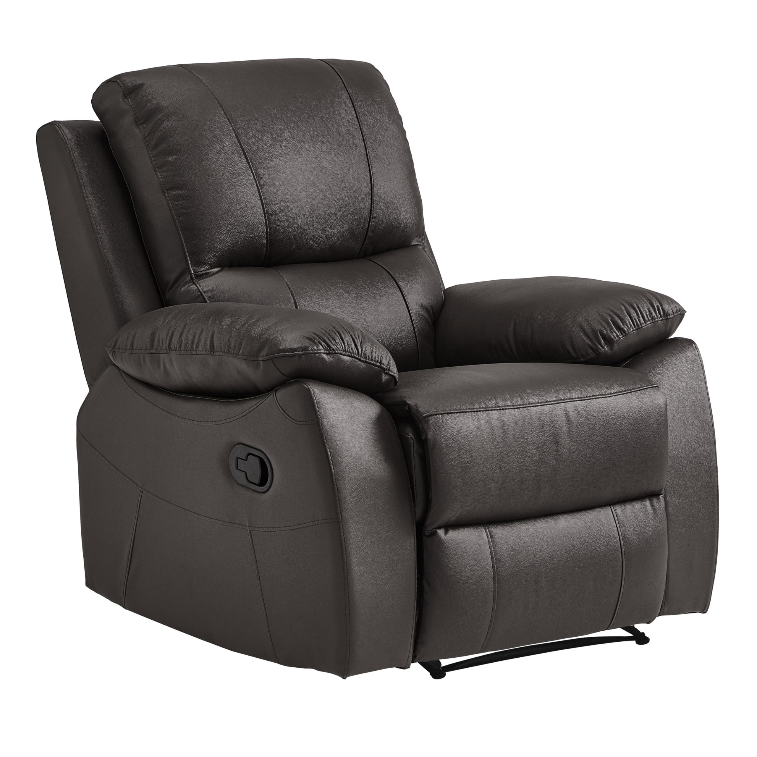 Drake 39 Inch Manual Recliner Chair, Soft Brown Faux Leather, Solid Wood