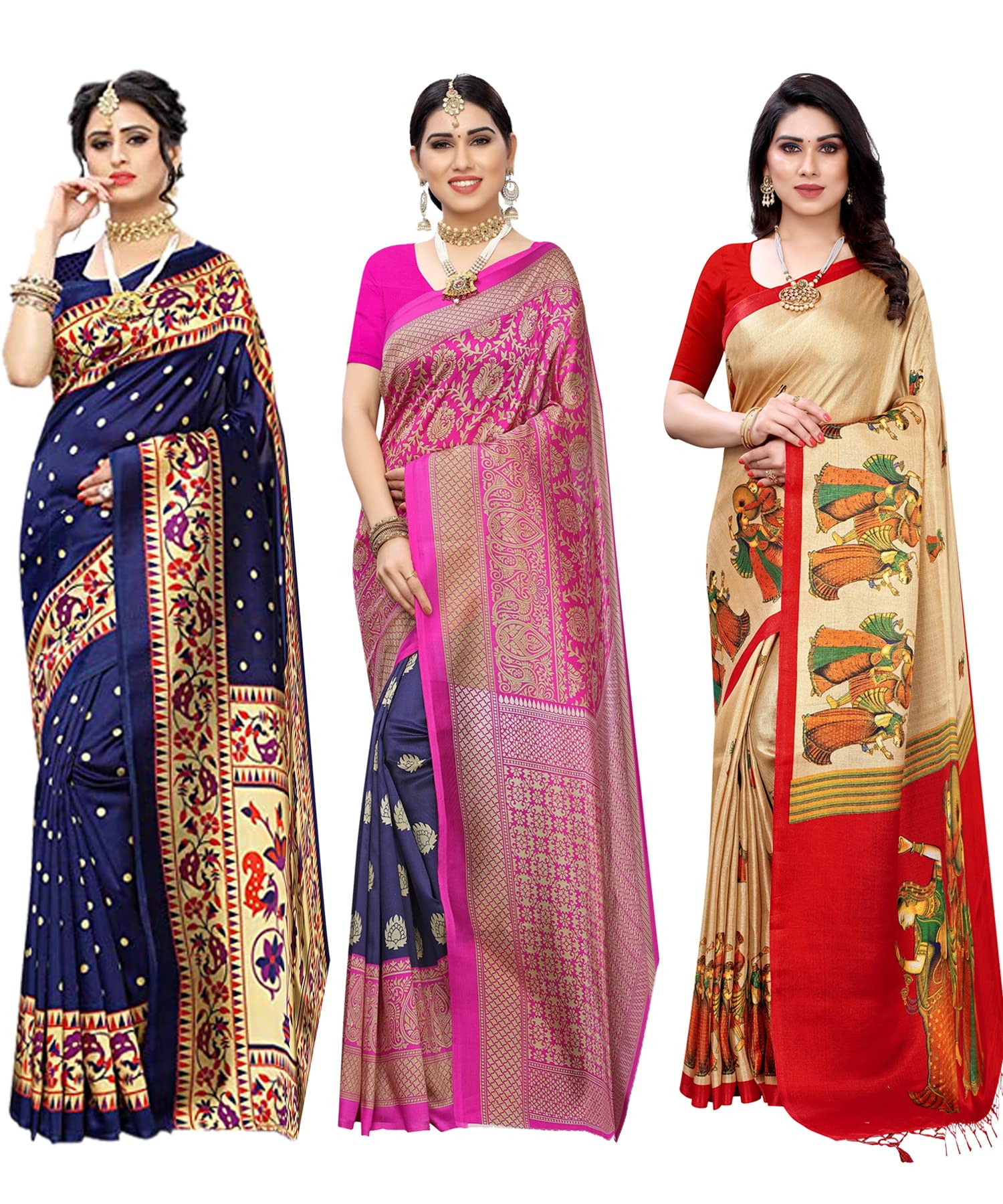 Yashika Women's Combo Art Silk Saree with Blouse Piece-Pack of 3(MATWALI Metro Navy-RAJARANI CHICKU) Multicolor-09
