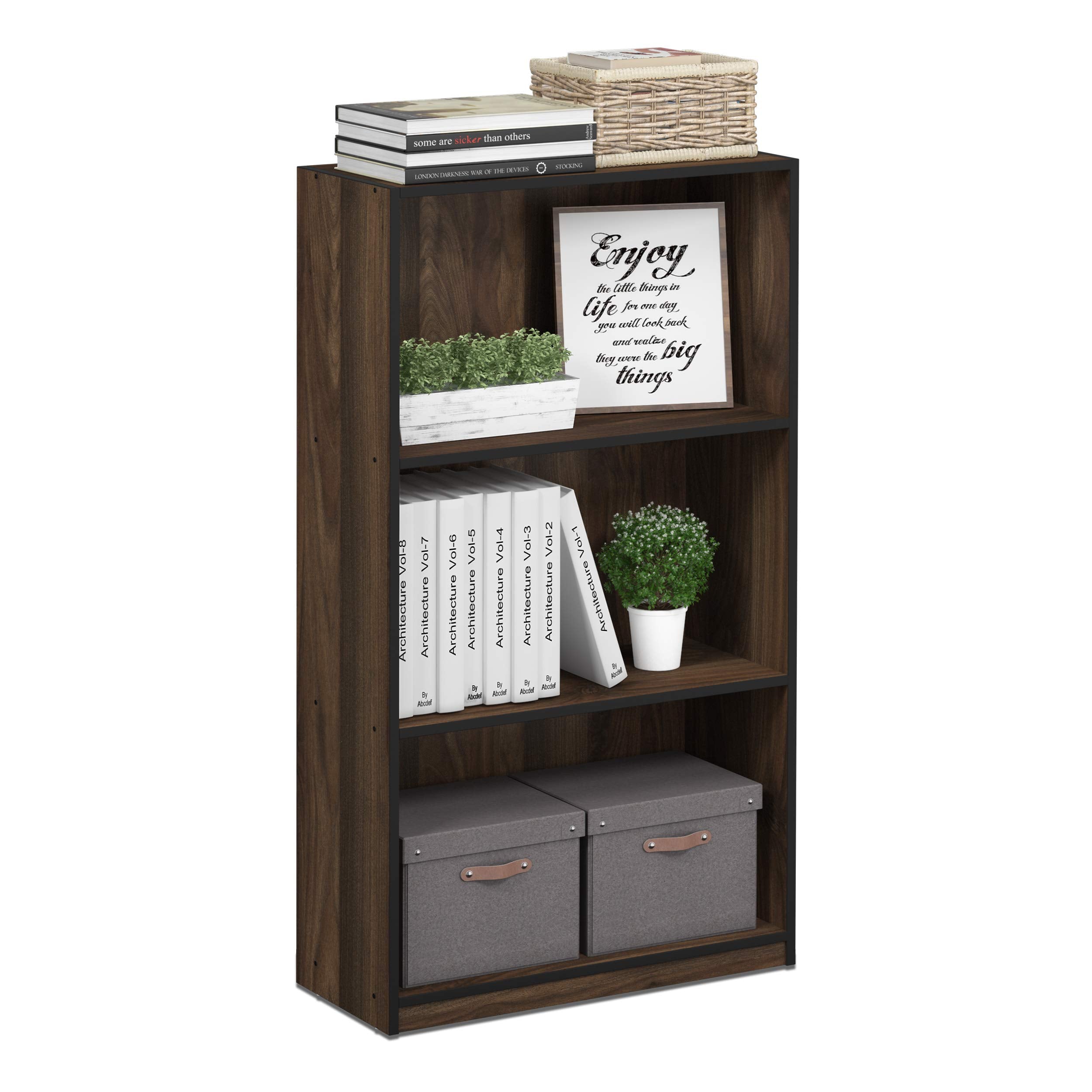 Furinno 99736 Basic 3-Tier Bookcase Storage Shelves, Columbia Walnut/Black